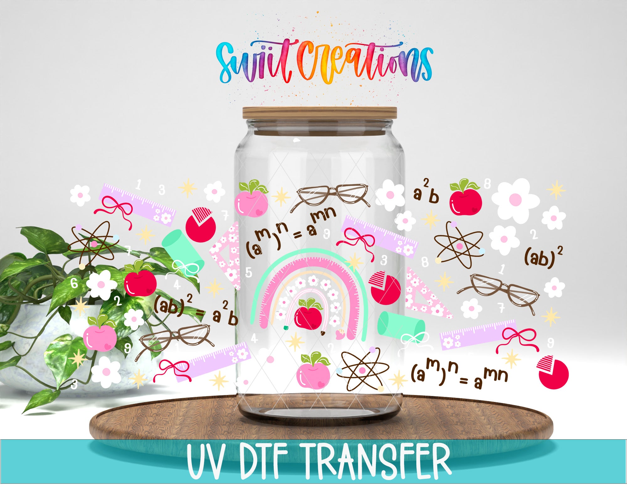 The image is a colorful illustration featuring a glass jar filled with various objects, such as apples, flowers, and geometric shapes, surrounded by a rainbow and a plant. The text "Swift Creations" is written above the jar, and "UV DFT Transfer" is written at the bottom of the image.