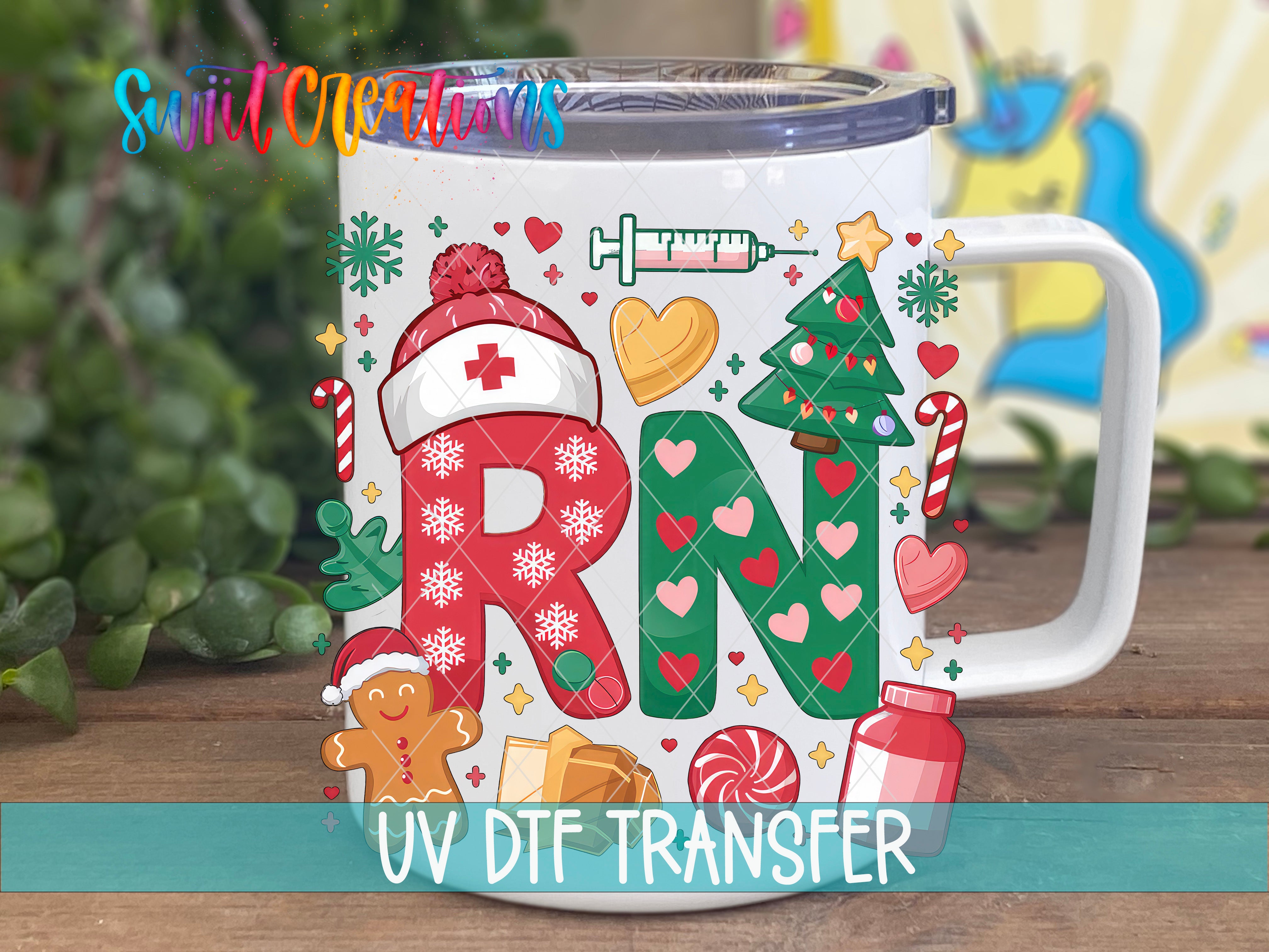 A mug with a colorful design featuring a nurse, Christmas tree, candy canes, and other festive elements.