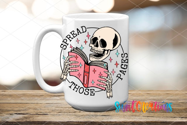 a coffee mug with a skeleton reading a book
