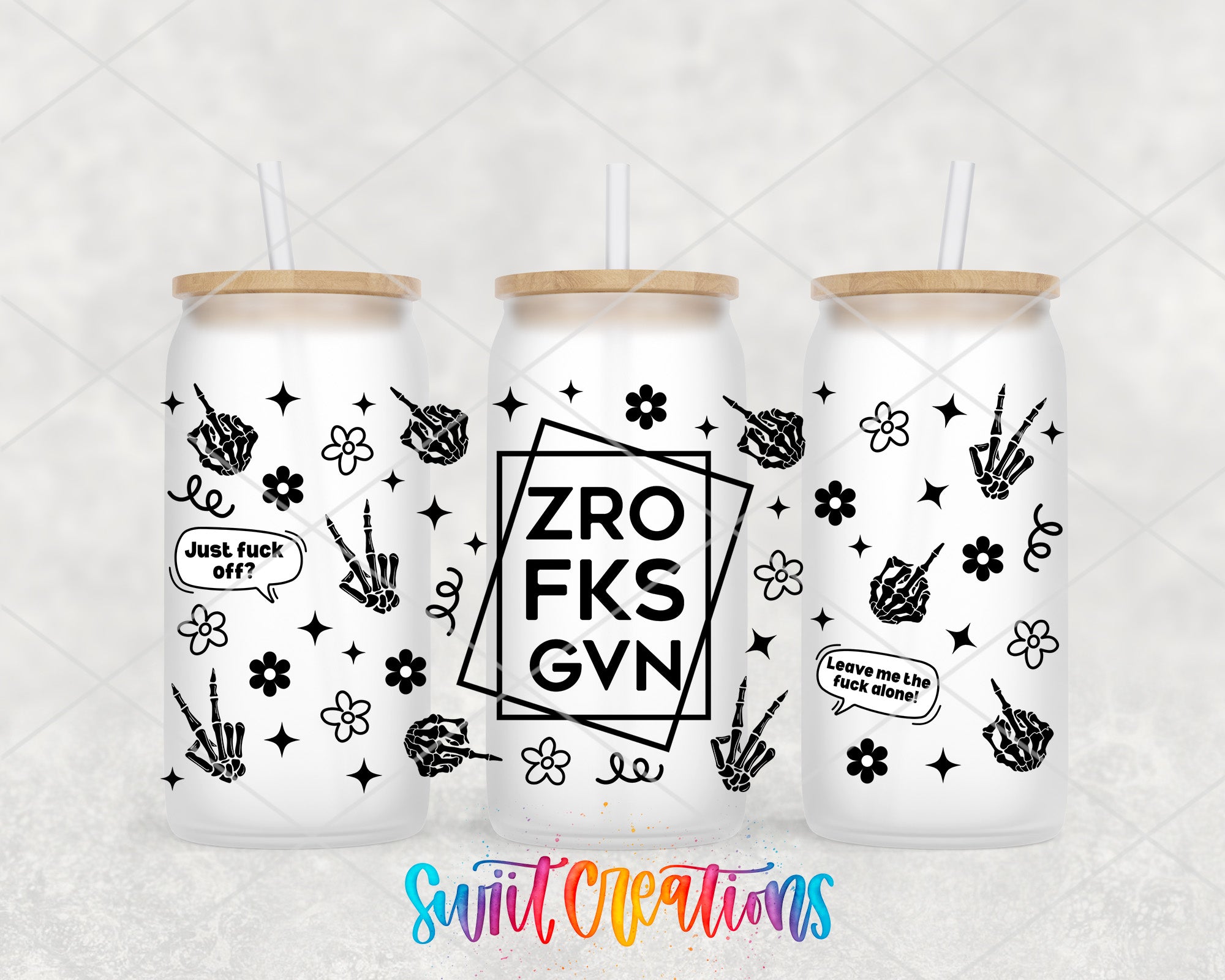 three white tumblers with black designs and text on them.