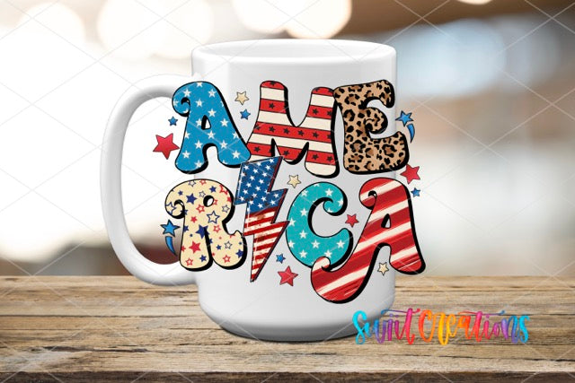 a coffee mug with the word america painted on it