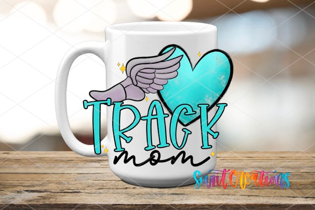 a coffee mug with the words track mom on it