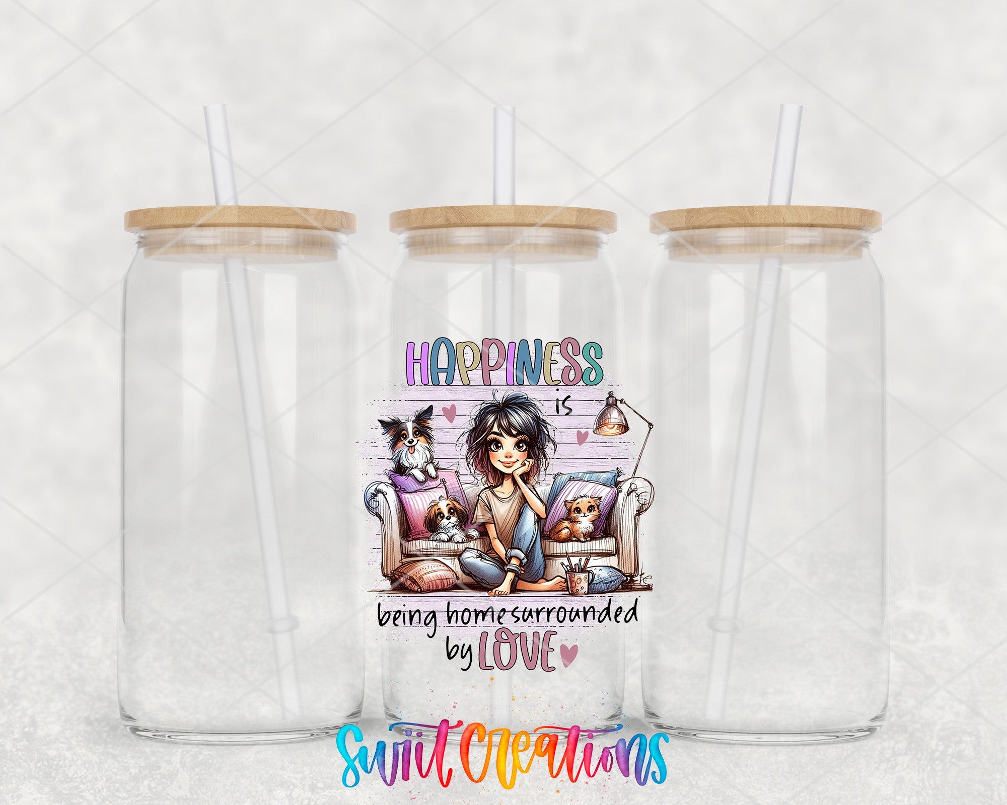 two clear tumblers with a picture of a girl and a dog on them