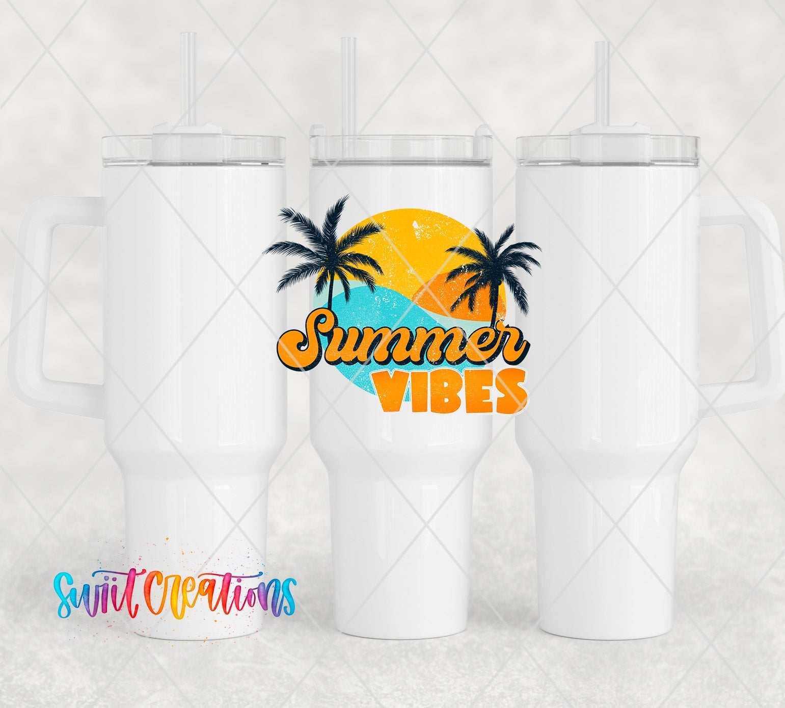 three white tumblers with palm trees and the words summer vibes