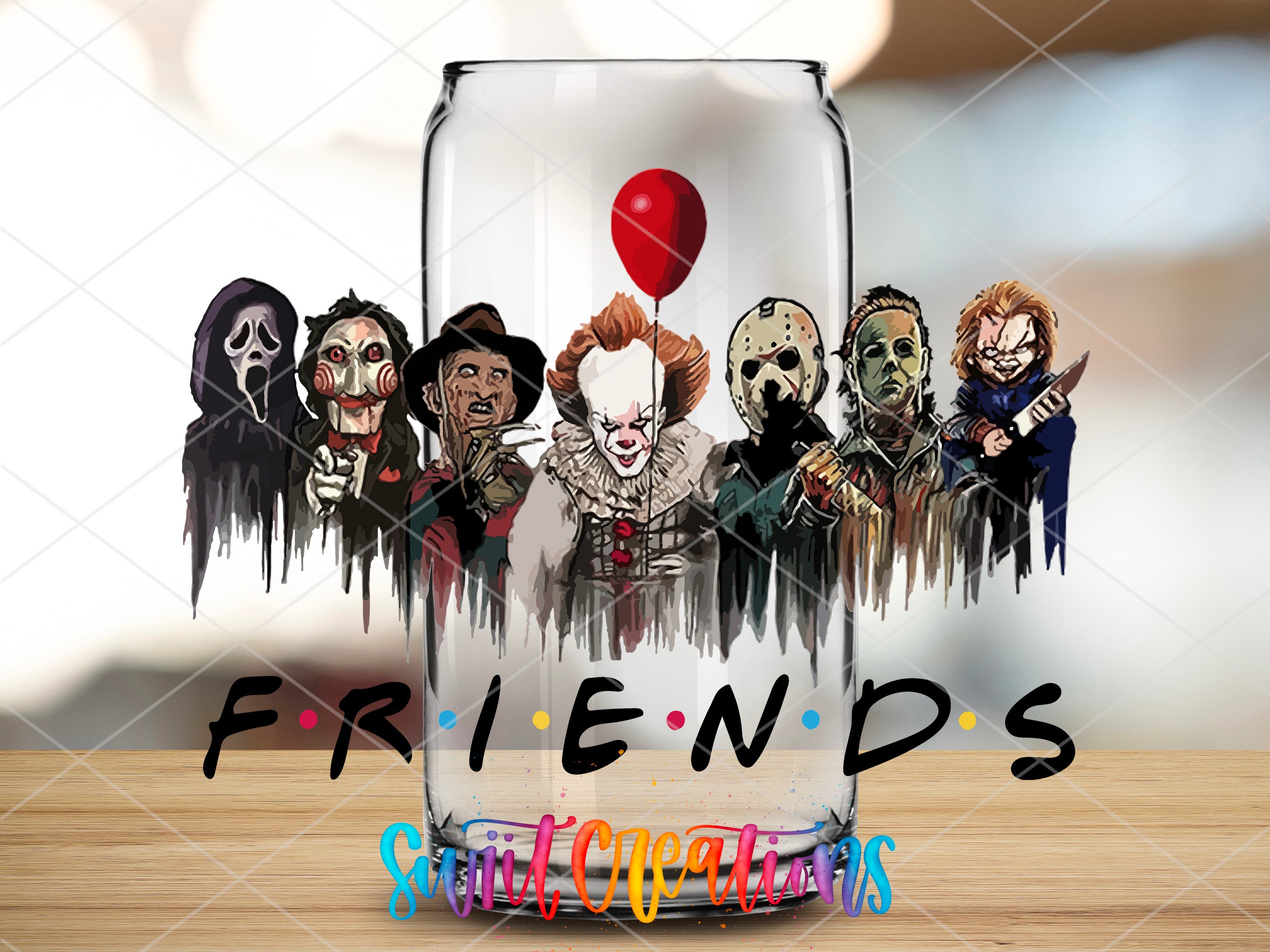 a group of clowns in a glass with the words friends