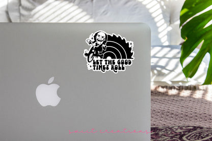 Let the Good Times Roll Horror sticker on the lid of a silver laptop