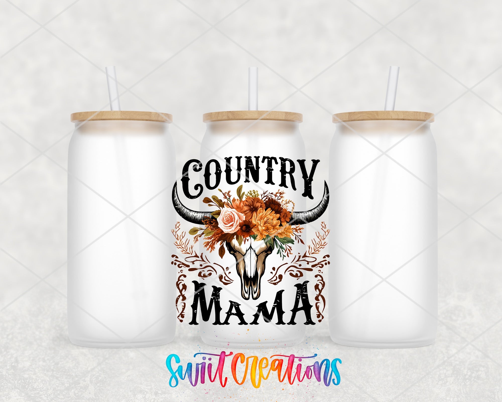 two white mason jars with a cow skull and flowers on them
