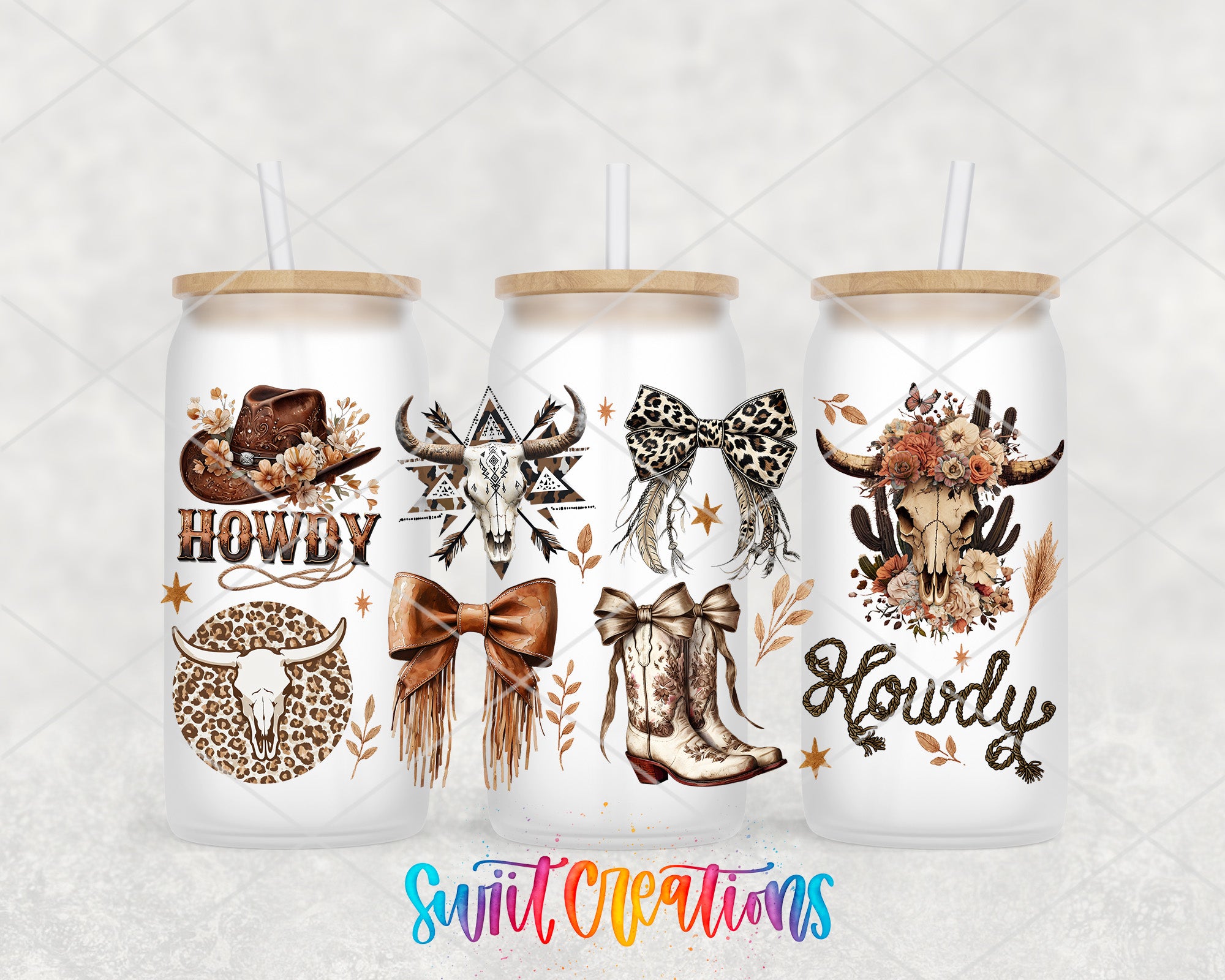 Three white tumblers with various western-themed designs and text printed on them.