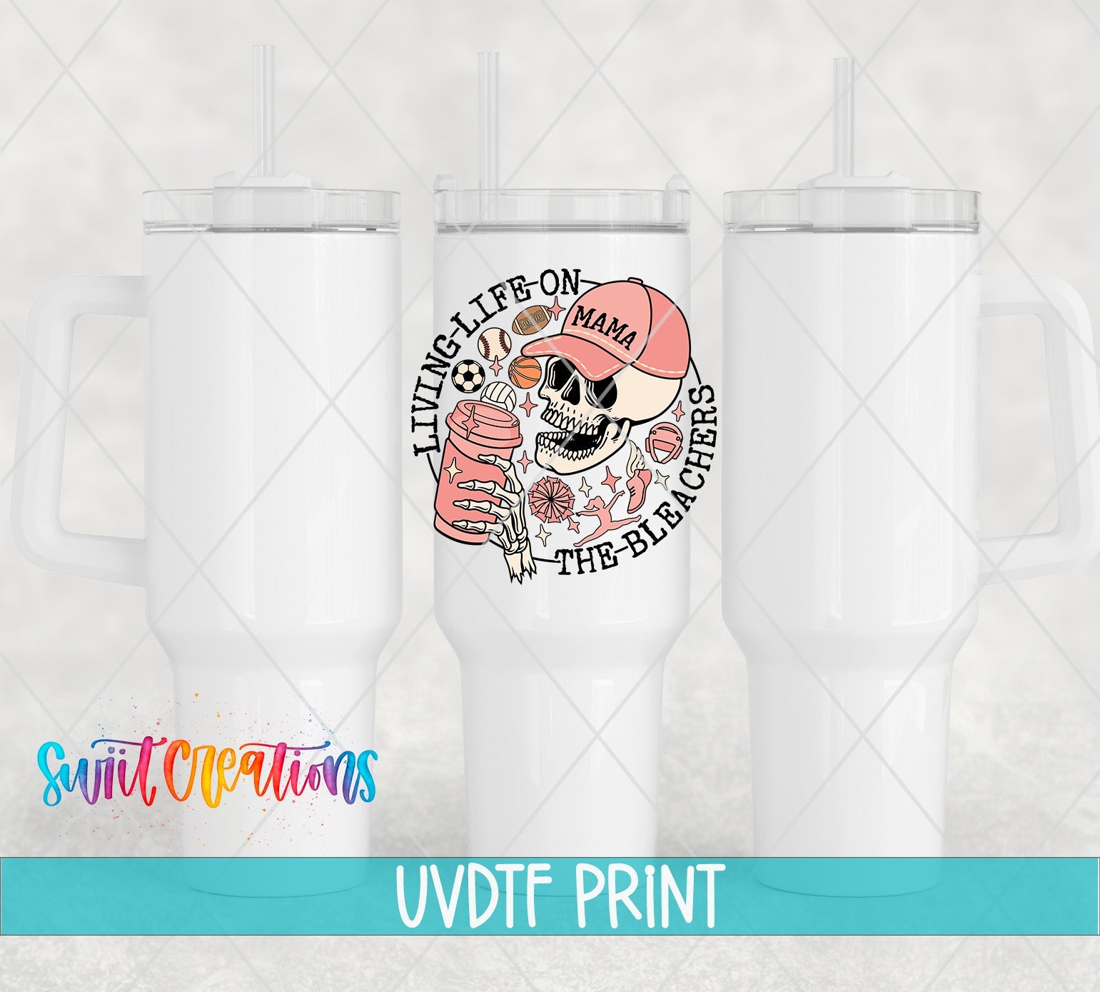 three white tumblers with a skull and a pink hat on them