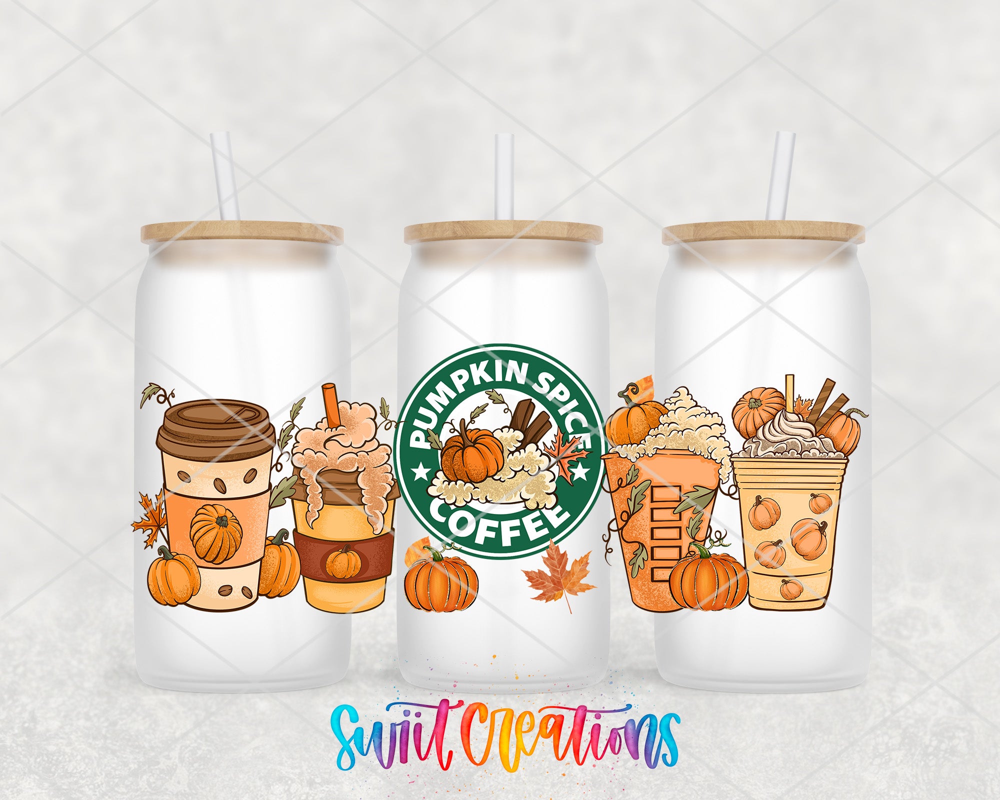 three Starbucks coffee cups with pumpkin-themed designs, including pumpkins, apples, and other fall-themed elements.