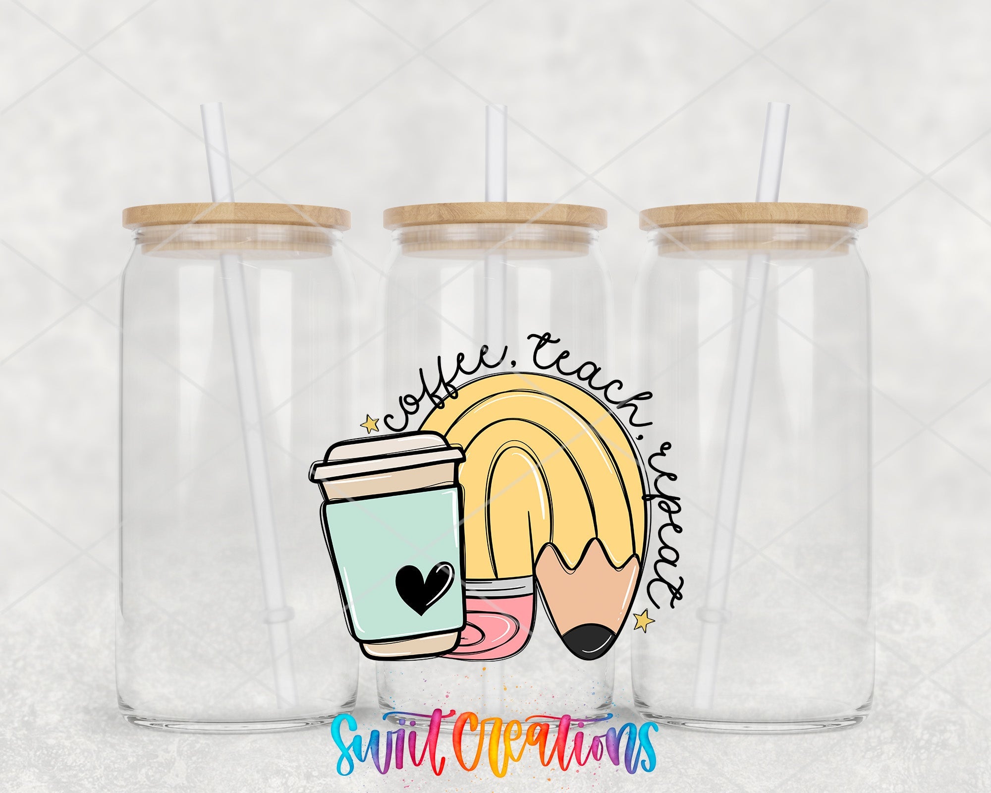 two clear cups with a pencil and a cup of coffee