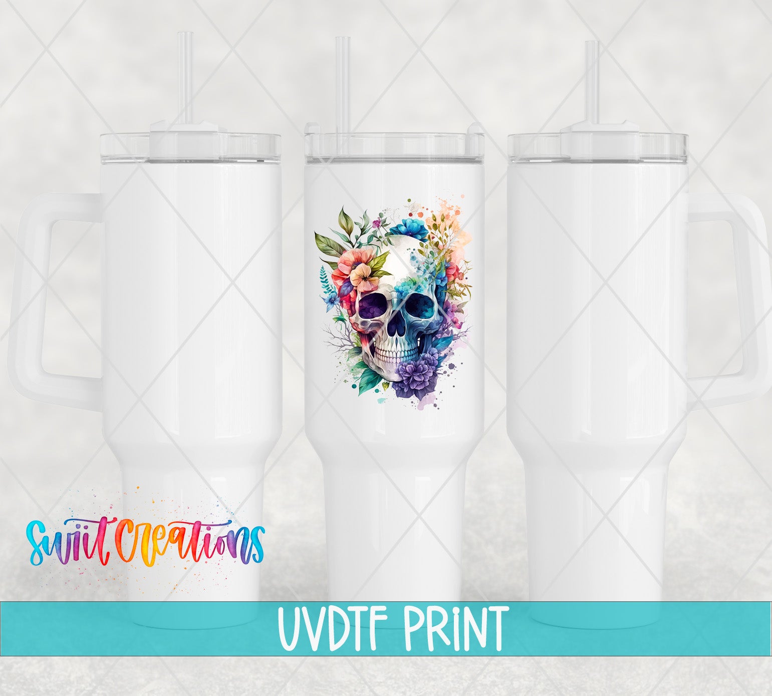three white tumblers with colorful floral designs on them, including a skull design. The text "Swit Creations UVDF PRINT" is displayed below the tumblers, indicating that these are custom printed items.