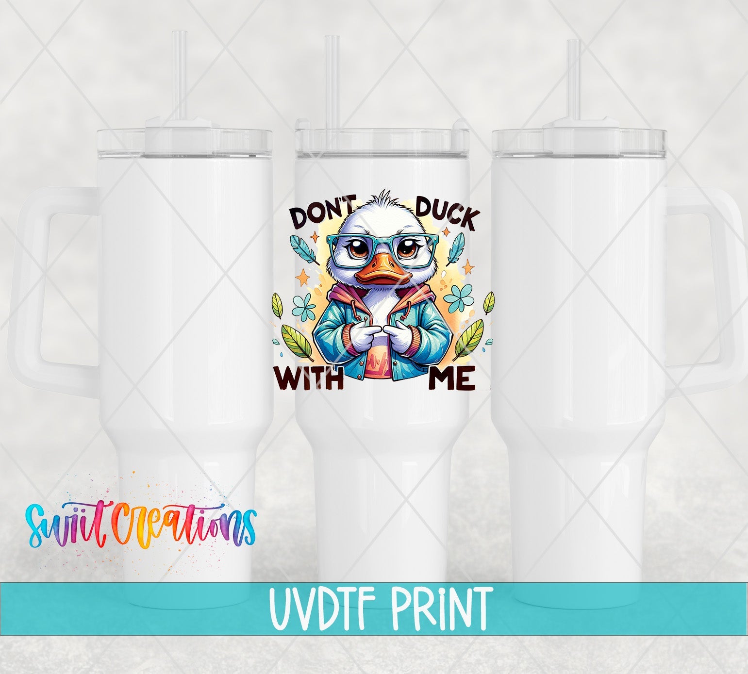 a white tumbler with a picture of a duck on it