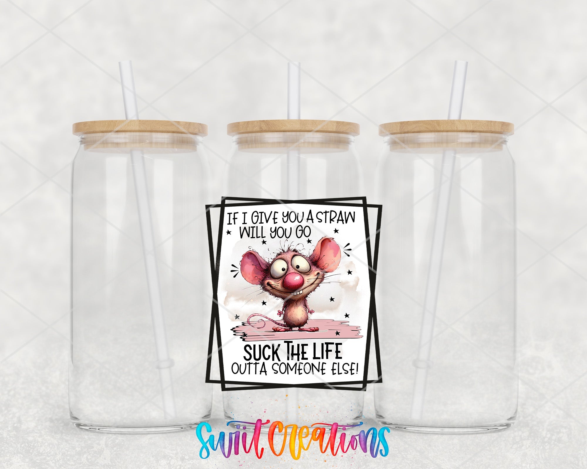 a set of two clear tumblers with a cartoon mouse on the side