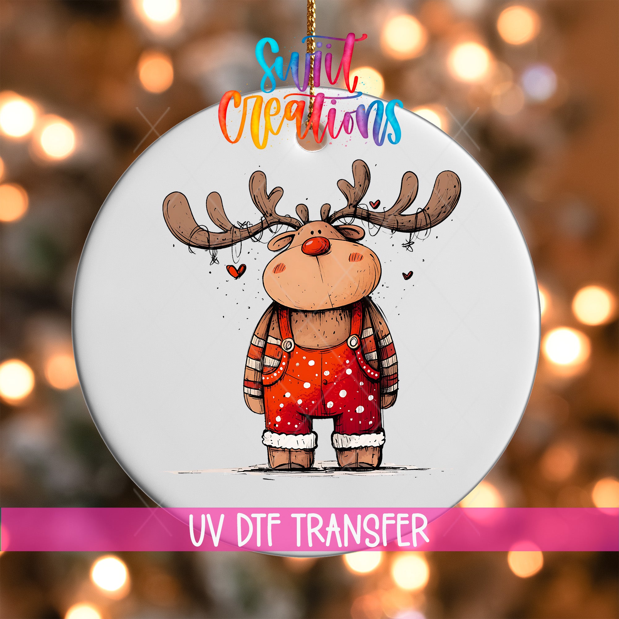 A white ornament with a cartoon reindeer wearing red overalls and antlers, surrounded by Christmas lights.