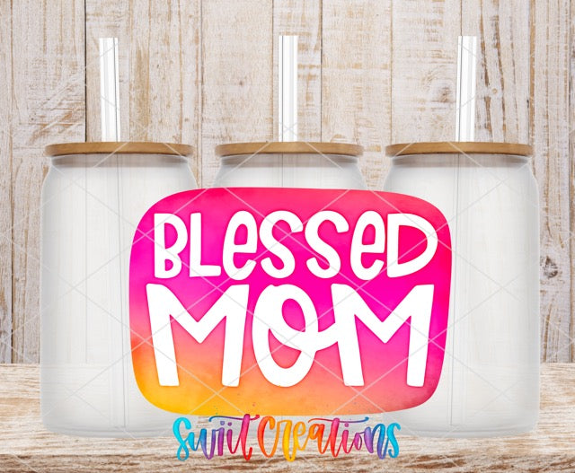 a coffee mug with the words,'blessed mom'on it