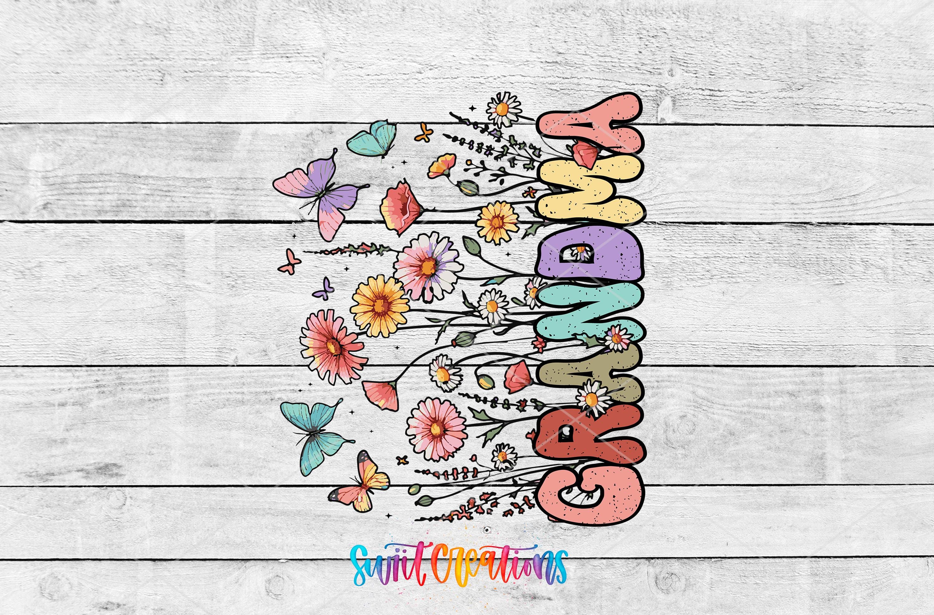 A colorful illustration featuring the word "GRANDMA" surrounded by various flowers, butterflies, and other decorative elements.