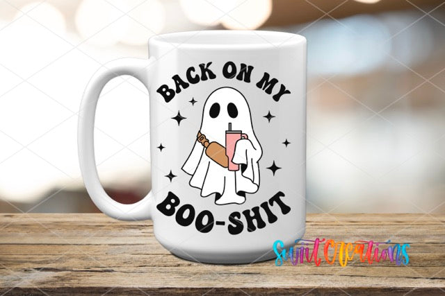 a white coffee mug with a ghost holding a drink