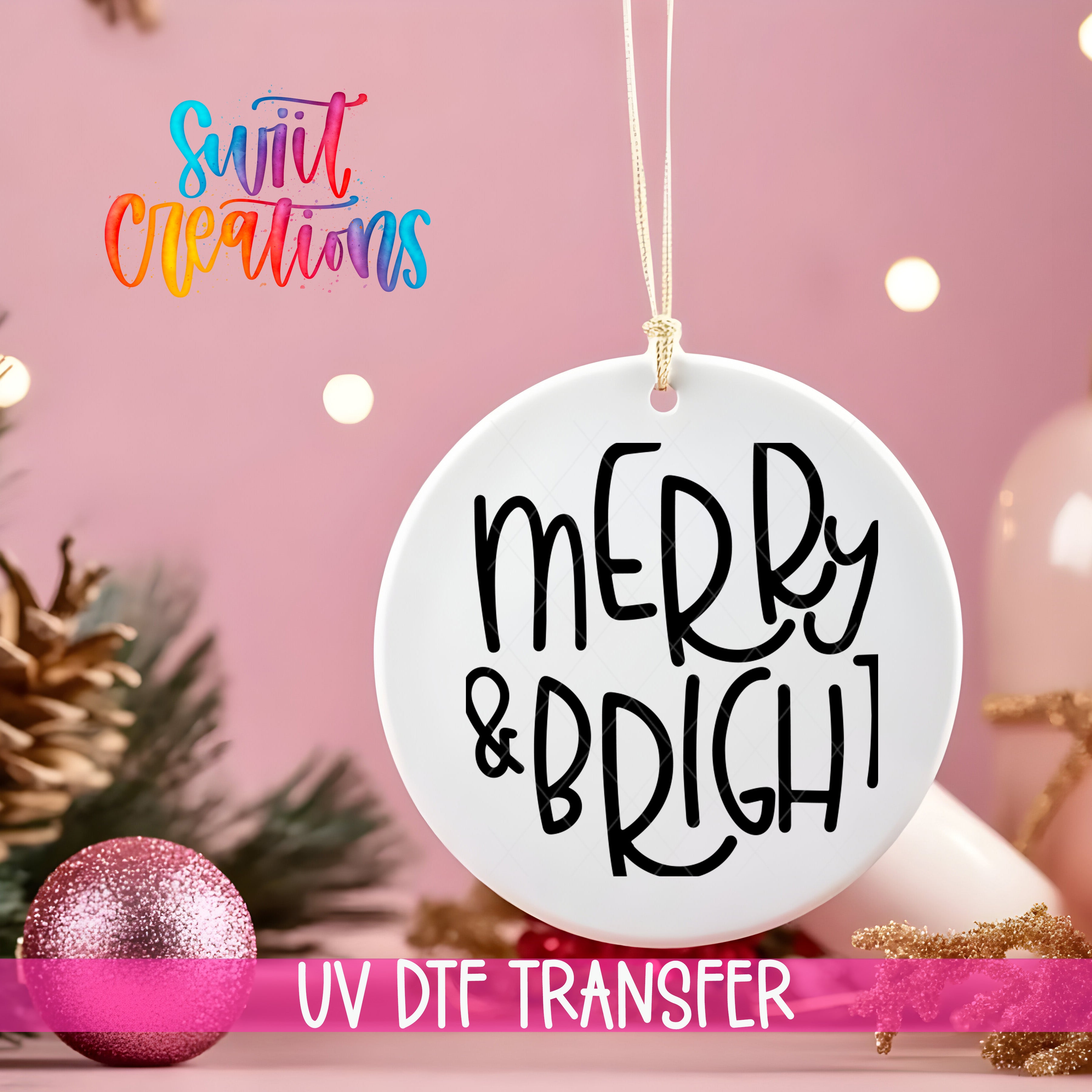 A white ornament with the text "MERRY & BRIGHT!" hanging on a string, surrounded by Christmas decorations and a pink background.