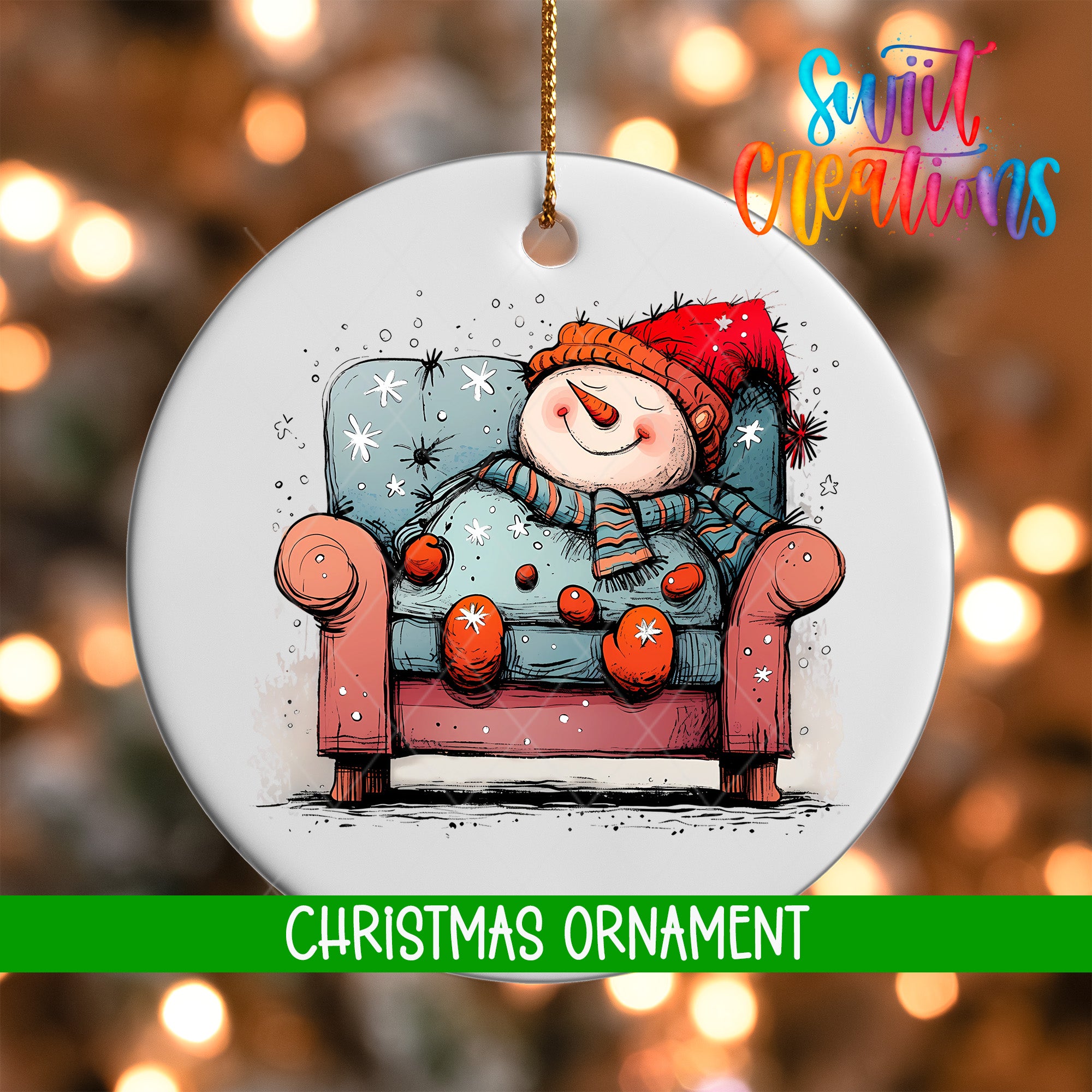 A snowman is sitting in a chair, surrounded by snowflakes, against a background of Christmas lights.