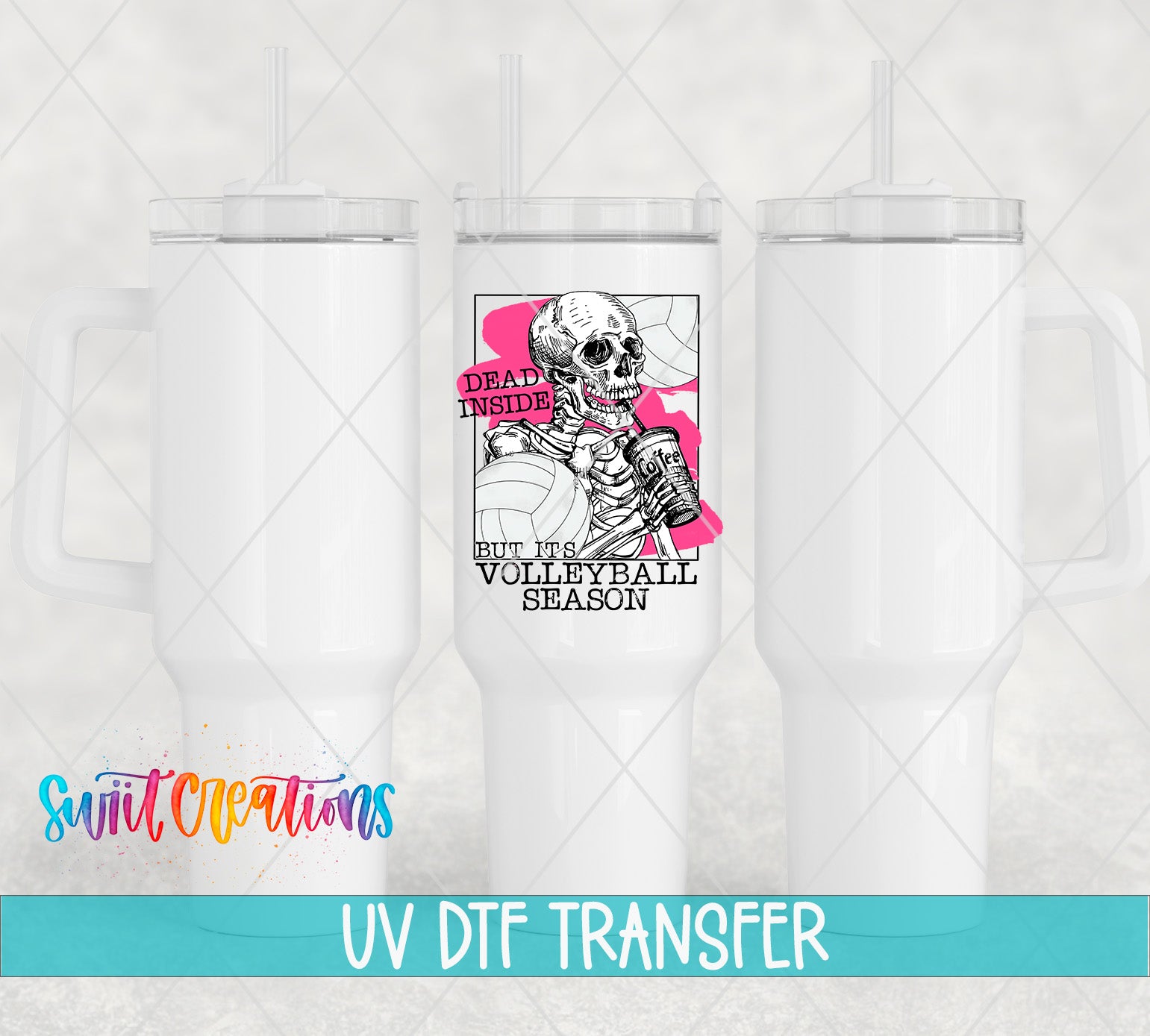 a white tumbler with a graphic design on it, including a skeleton holding a volleyball and the text "Dead inside but not volleyball season".