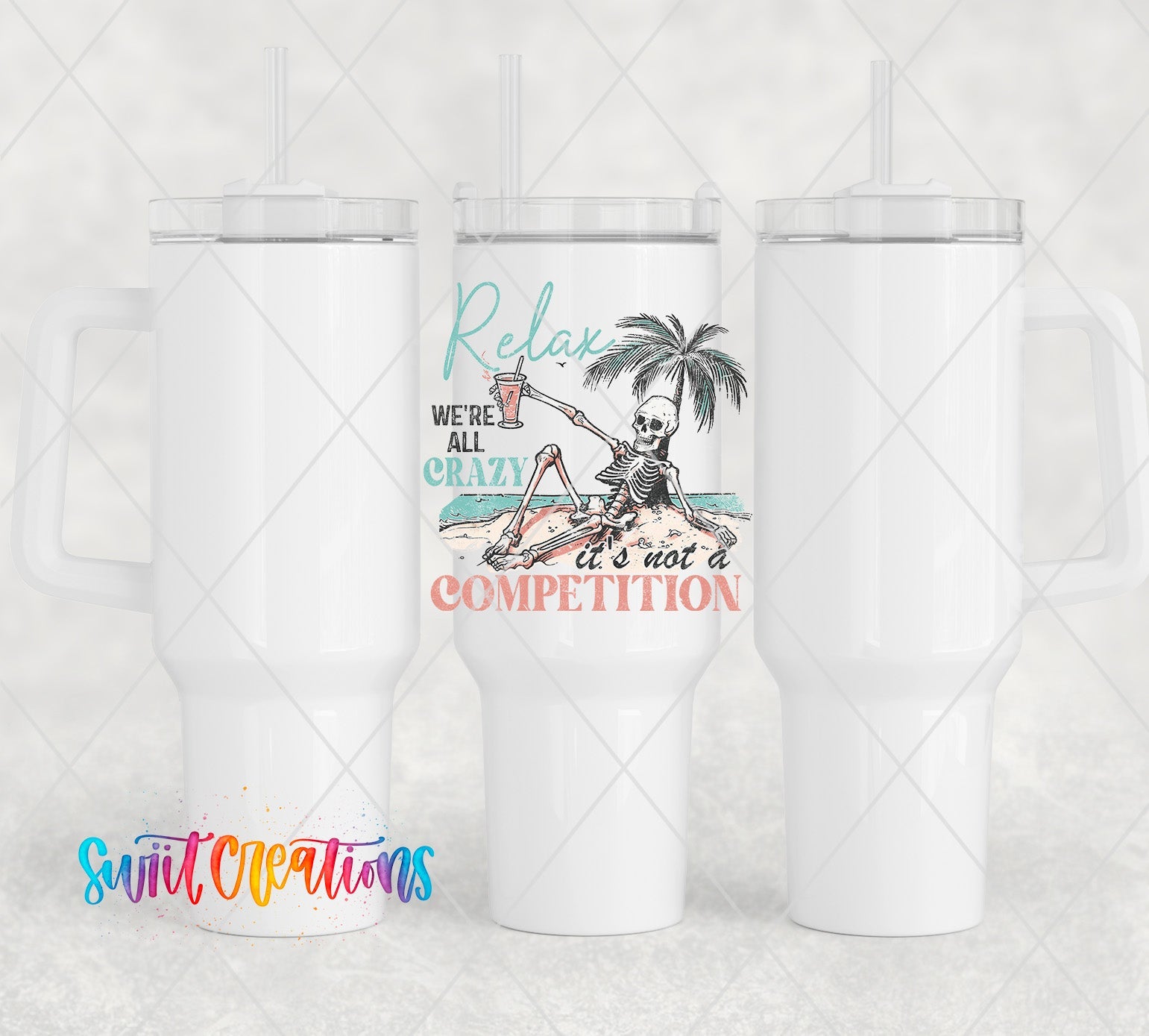 two white travel mugs sitting next to each other