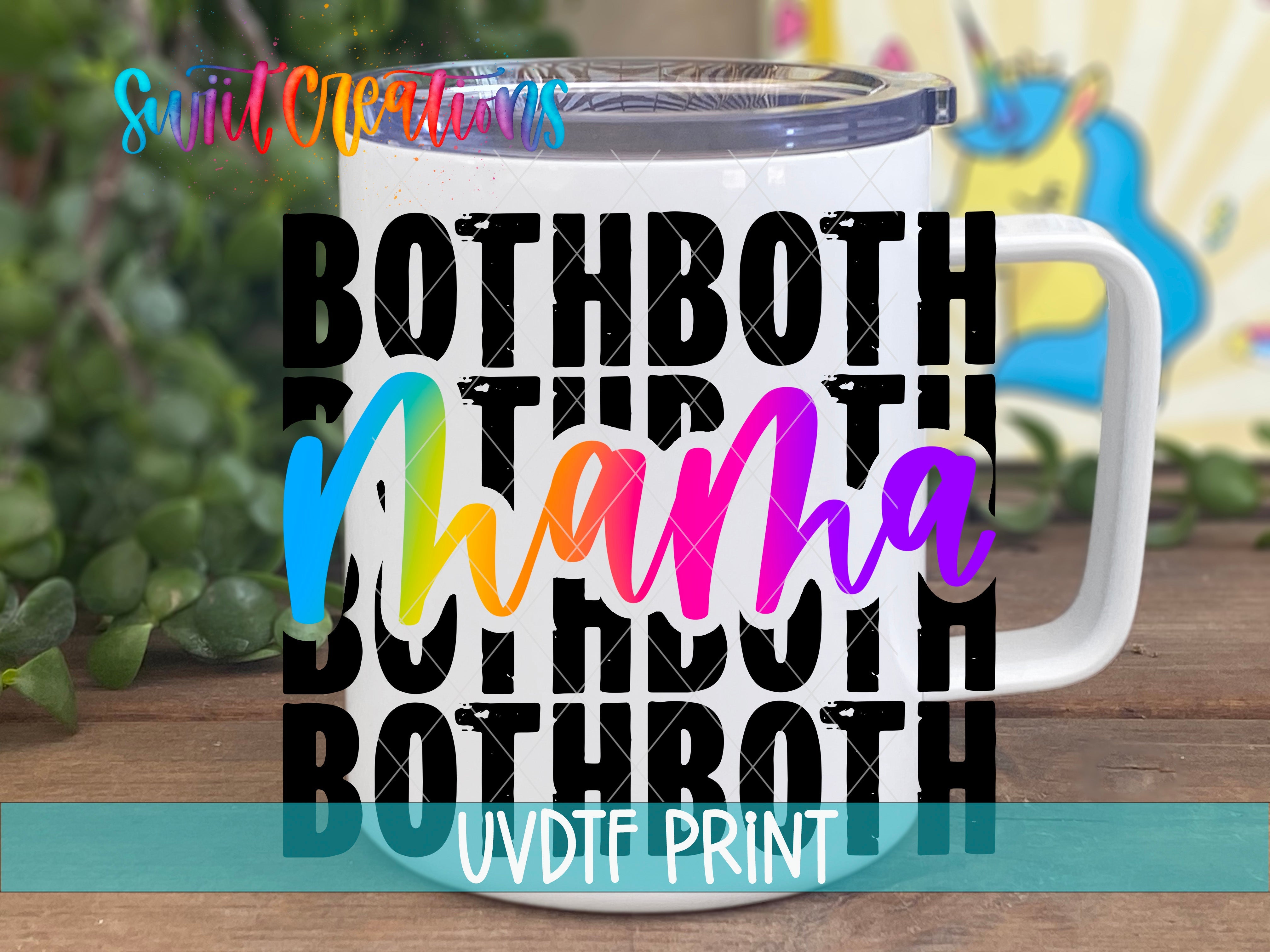 a white coffee mug with the words, both in rainbow and black