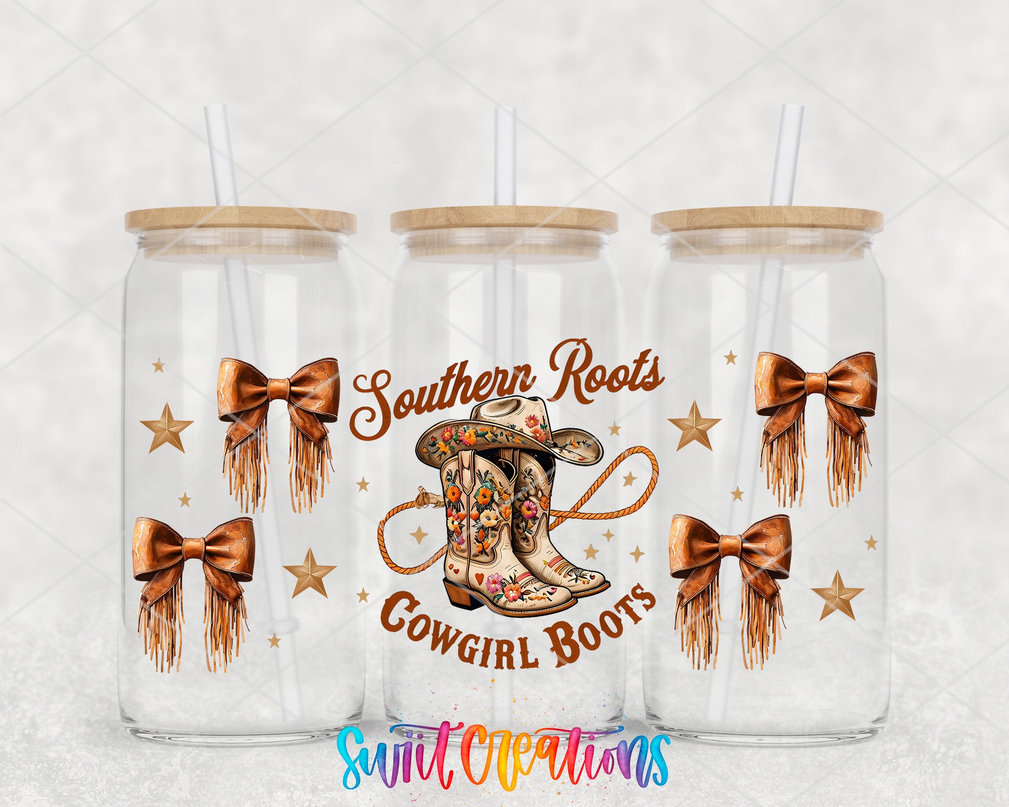three glass jars with wooden lids, each decorated with a cowboy hat, bows, and stars. The jars are arranged in a row, and the text "Southern Roots Cowgirl Boots" is displayed prominently in the center of each jar.