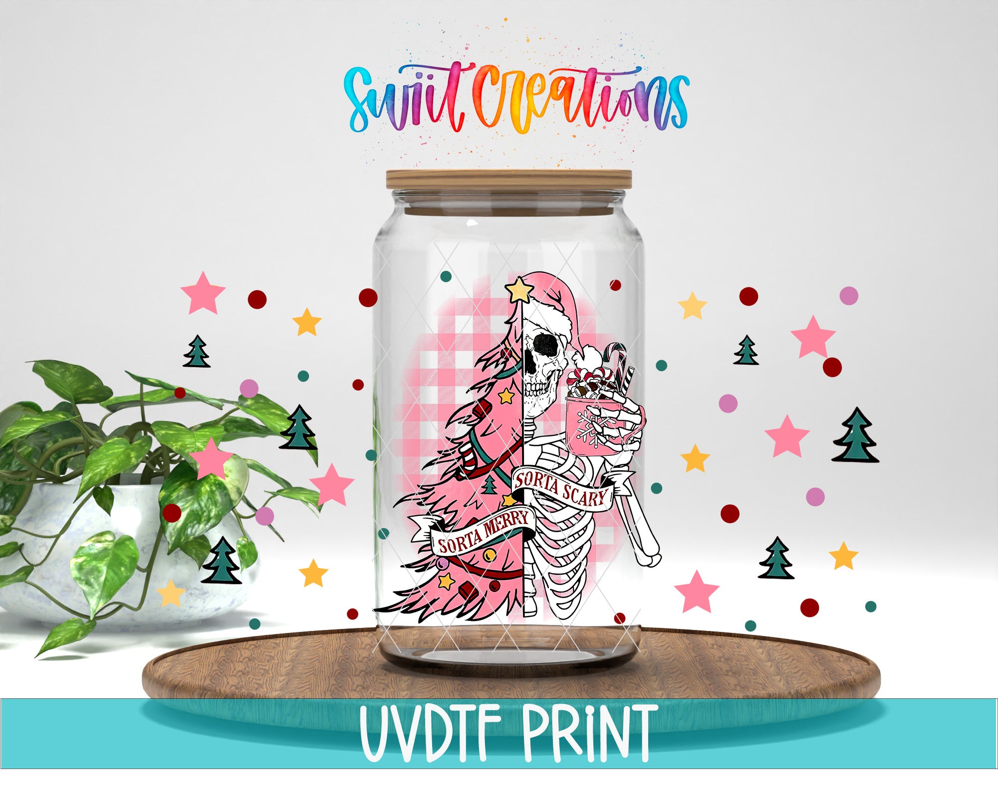 a glass jar with a picture of a skeleton in a pink dress