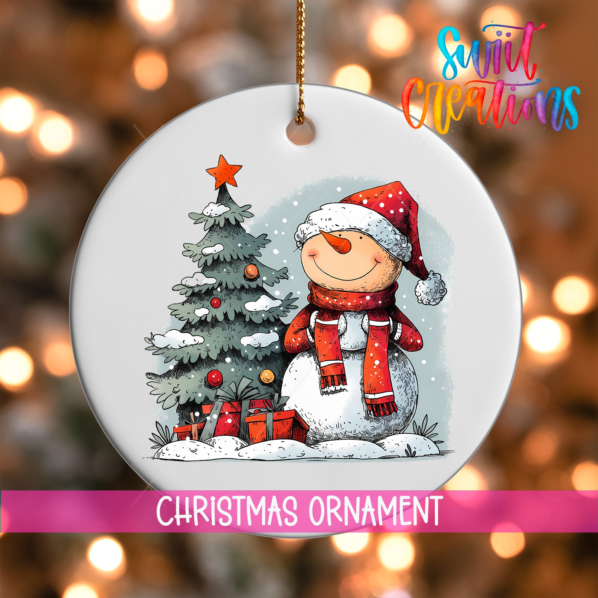 A Christmas ornament featuring a snowman and a Christmas tree, with the text "Christmas Ornament" below the image.