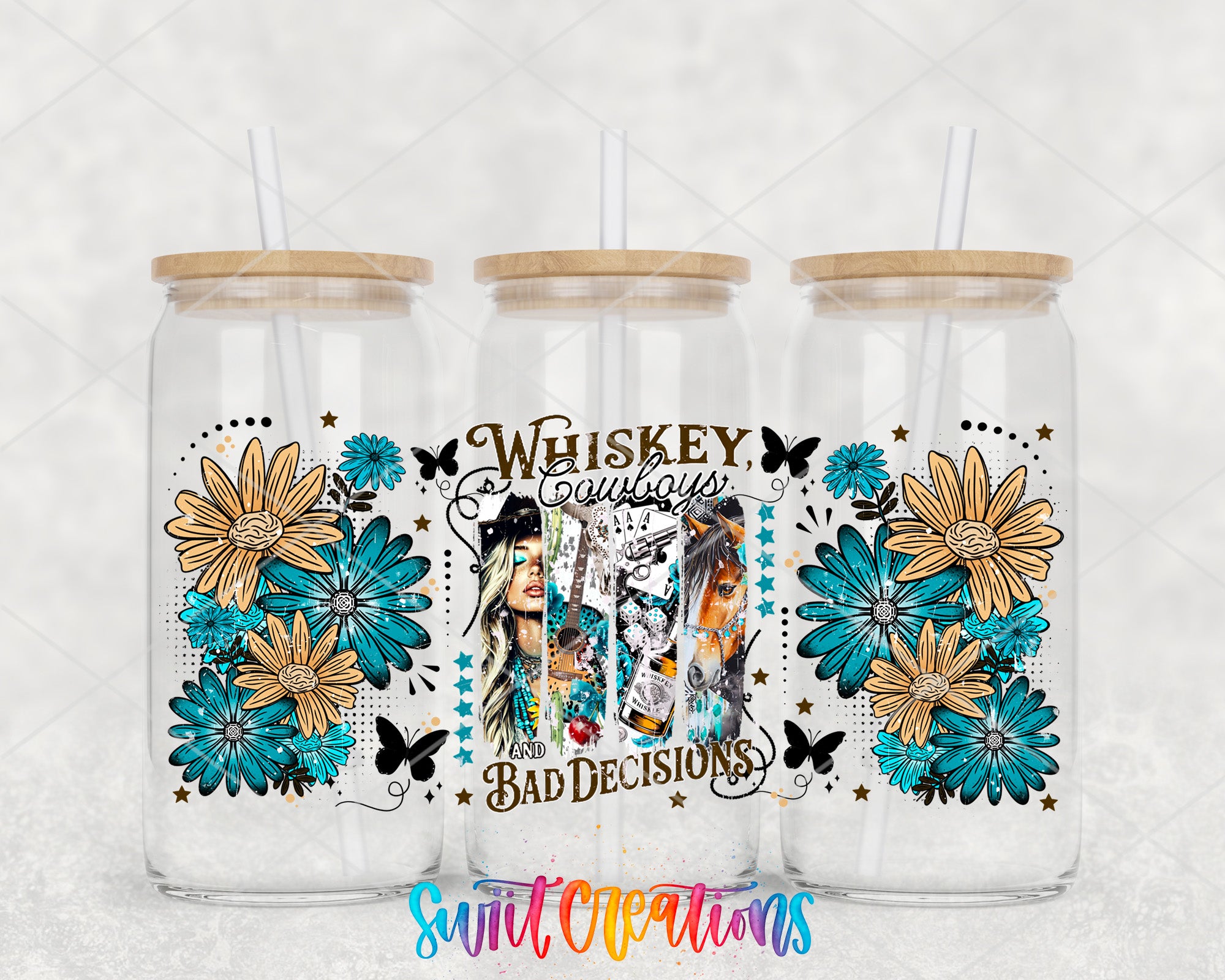 three glass tumblers with floral designs and straws. The tumblers are arranged in a row, with the middle one being the largest and the other two being smaller. The designs on the tumblers include flowers, butterflies, and a woman's face. The text on the tumblers reads "Whiskey always makes bad decisions" and "And bad decisions always make whiskey bad decisions".