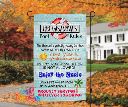 a sign with a beach theme, including a lifeguard, pool rules, and a beach umbrella.