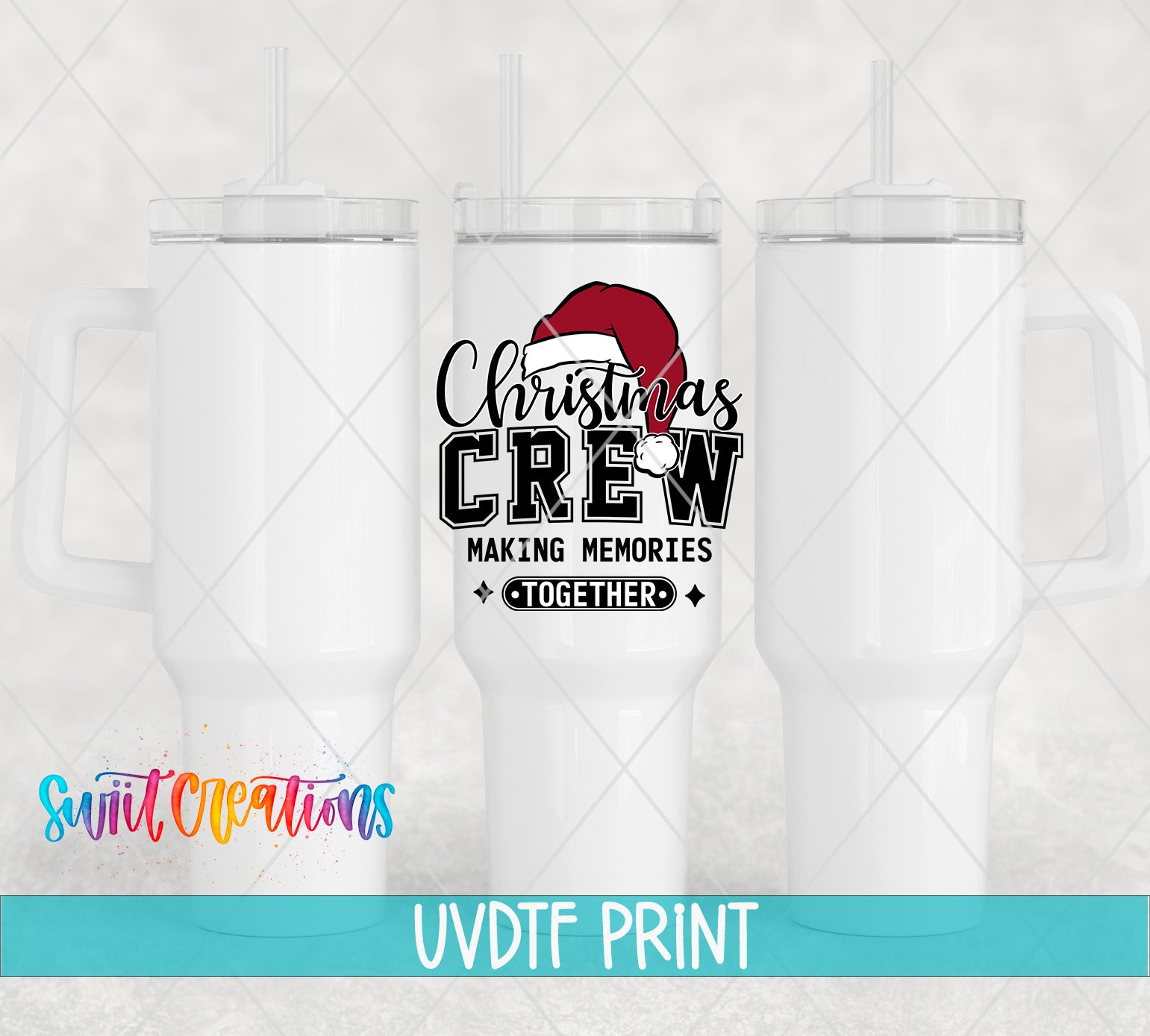 three white tumblers with santa's hat on them