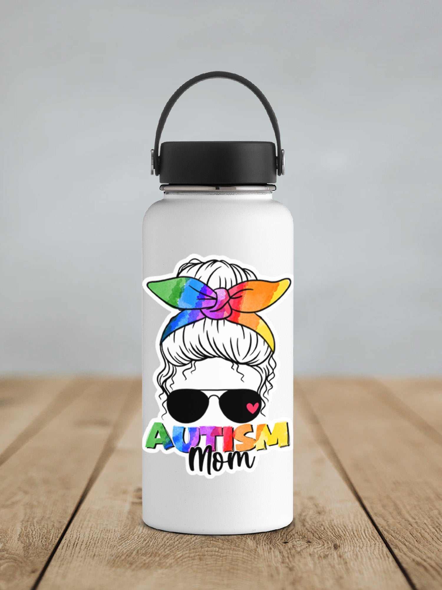 a water bottle with an image of a woman wearing sunglasses