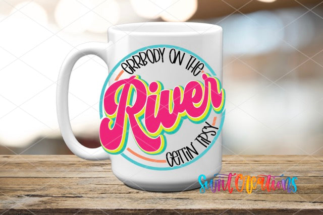 a white coffee mug with the words river on it