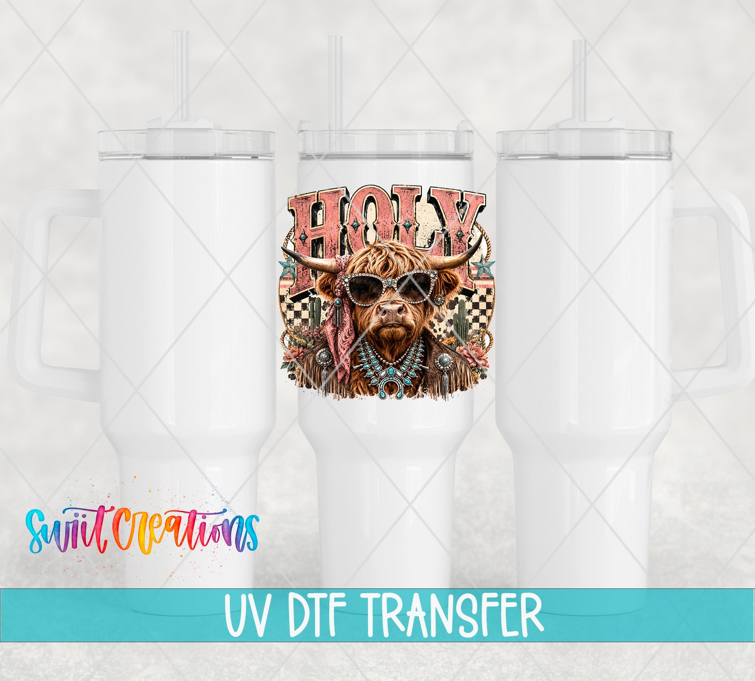 a white ceramic mug with a colorful design of a horned animal, possibly a yak or a bull, wearing sunglasses and a bandana. The mug is placed between two other white ceramic mugs, and there is text at the bottom of the image that reads "UV Dtf Transfer".