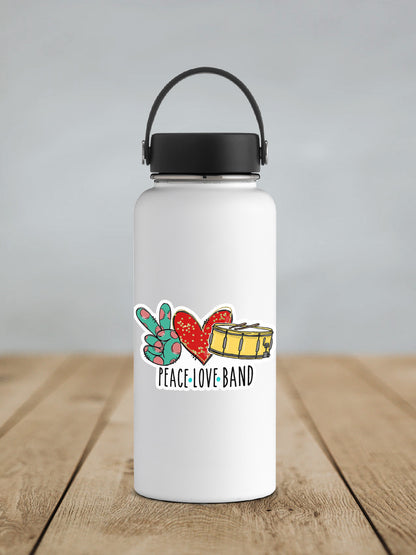 Peace Love Band sticker on a white insulated water bottle