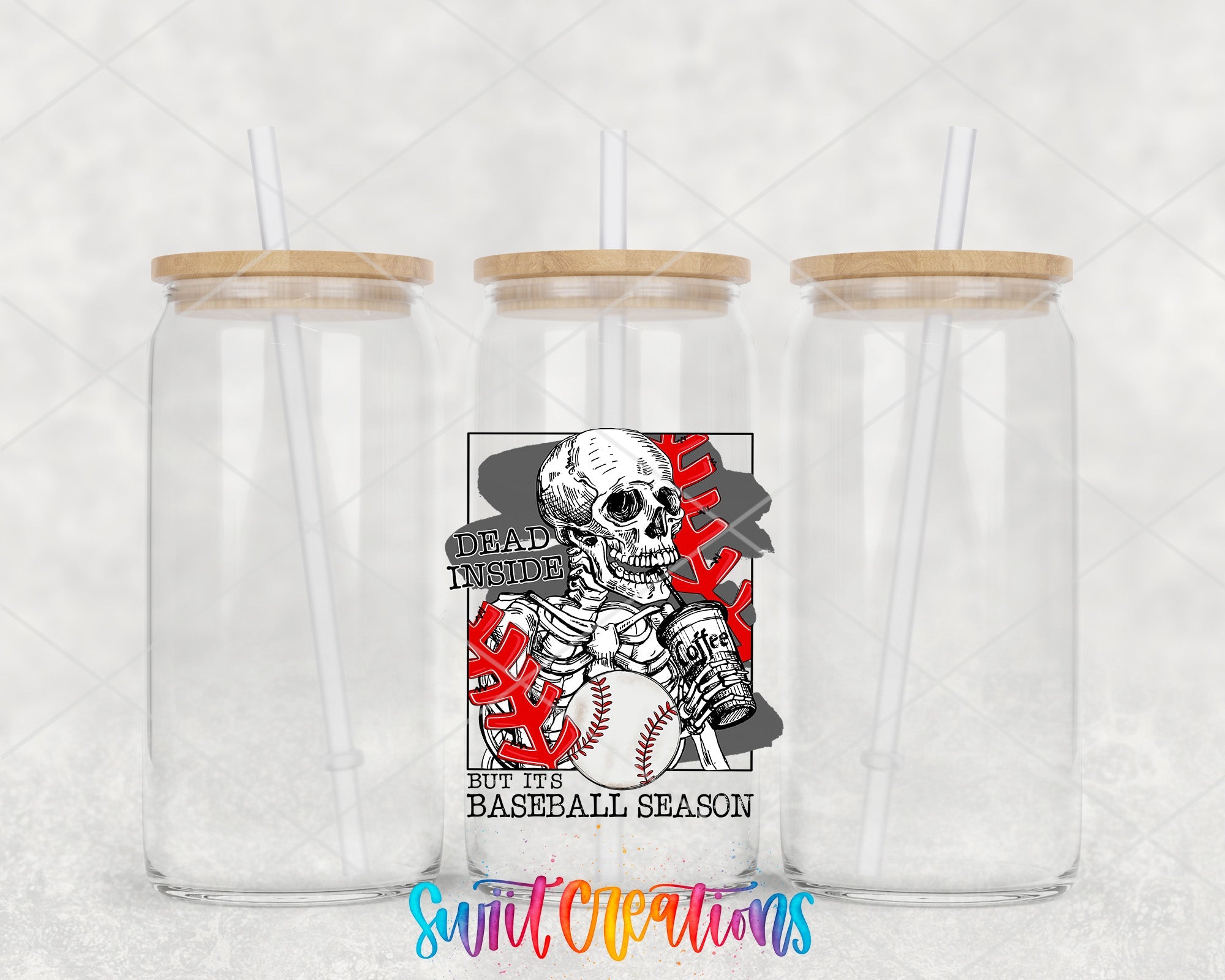 two clear plastic cups with wooden lids with a skeleton holding a baseball bat