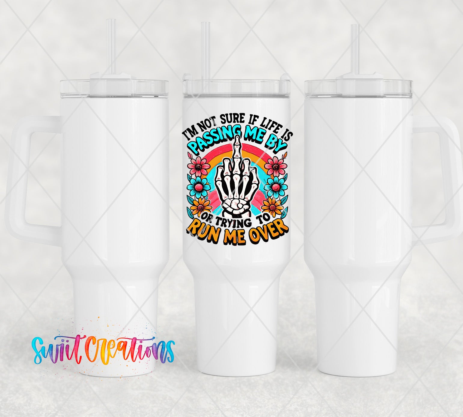 a white tumbler cup with a design on it
