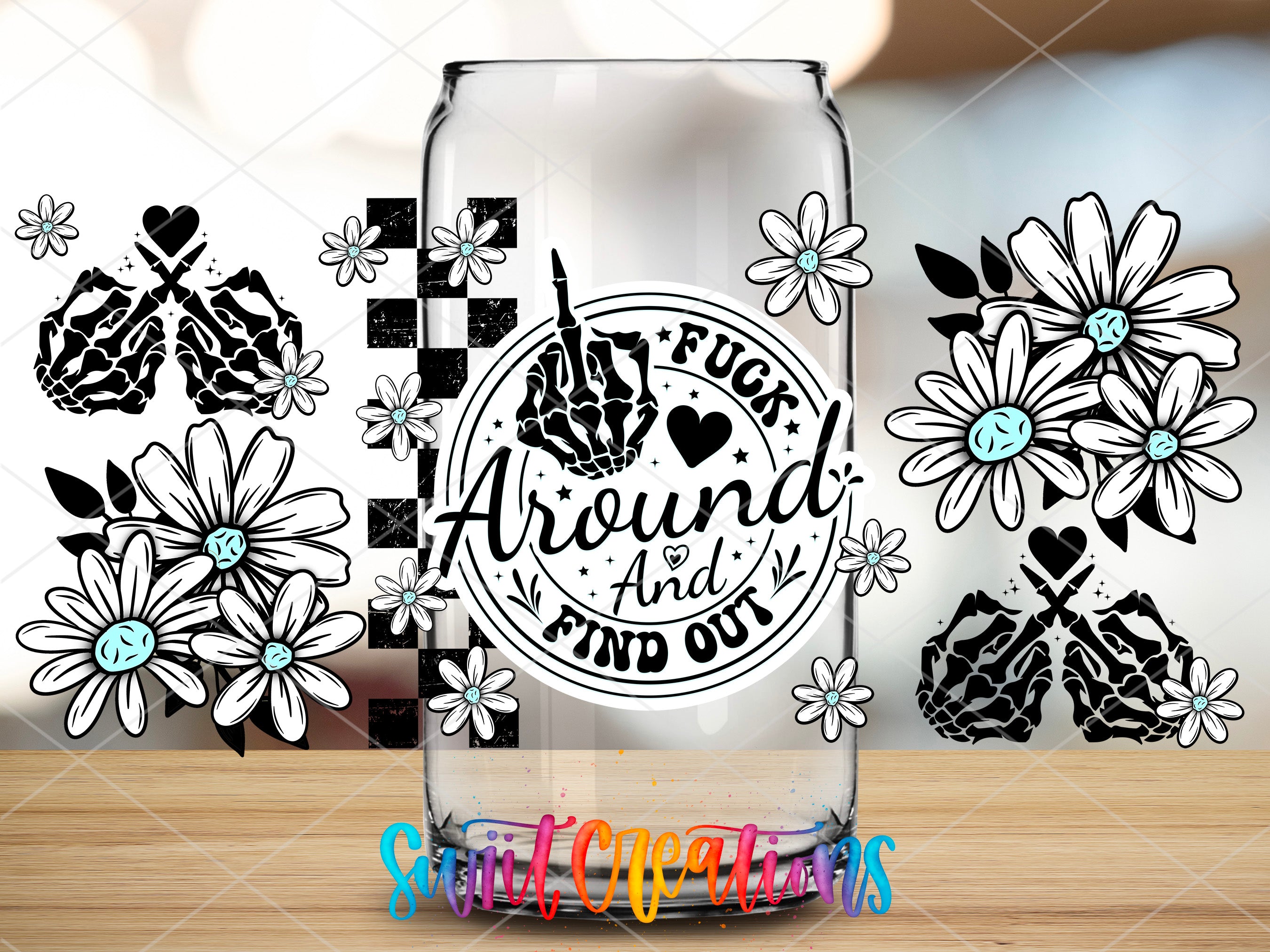 a glass with a picture of flowers on it