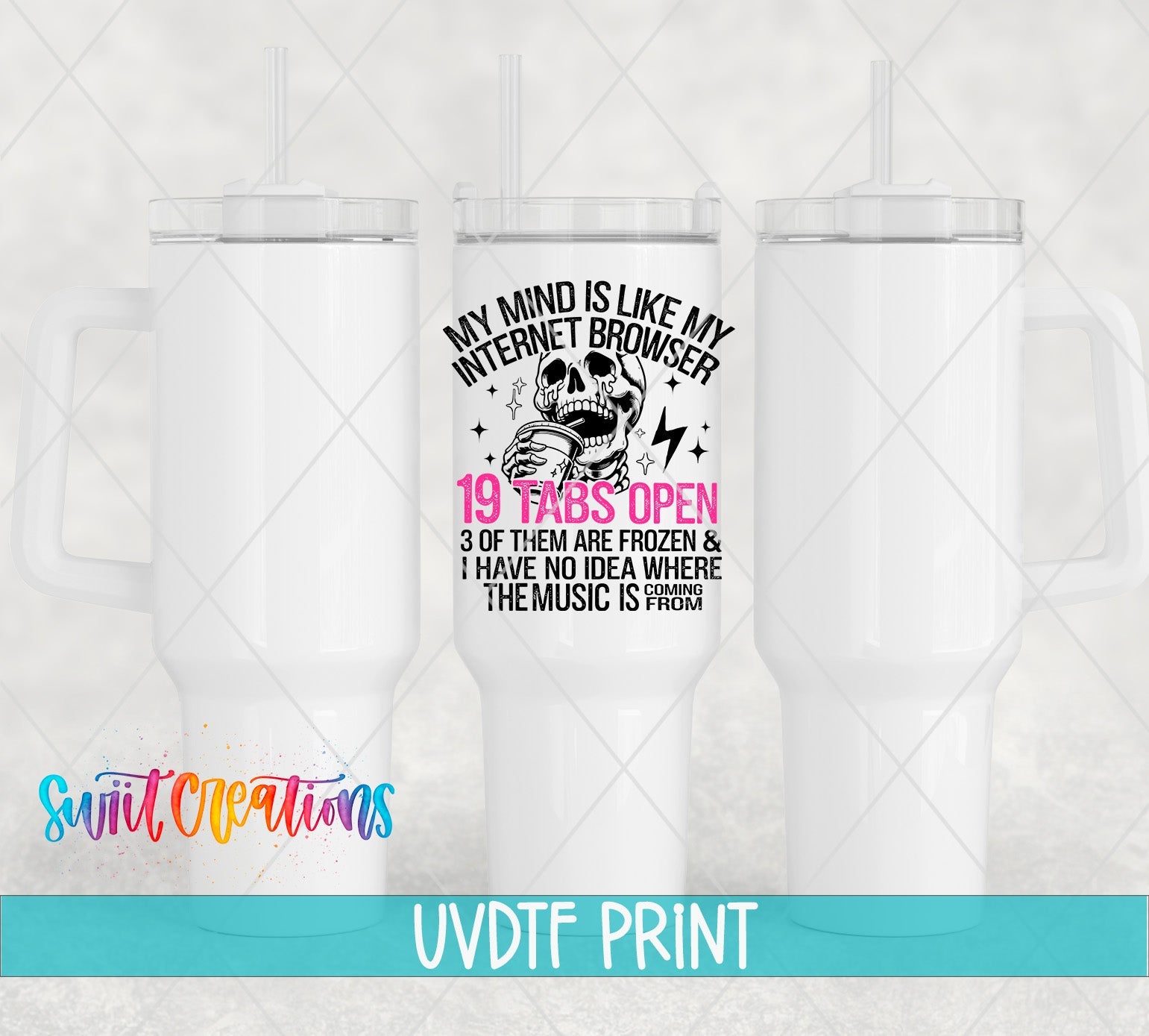 three white tumblers with a skull on them