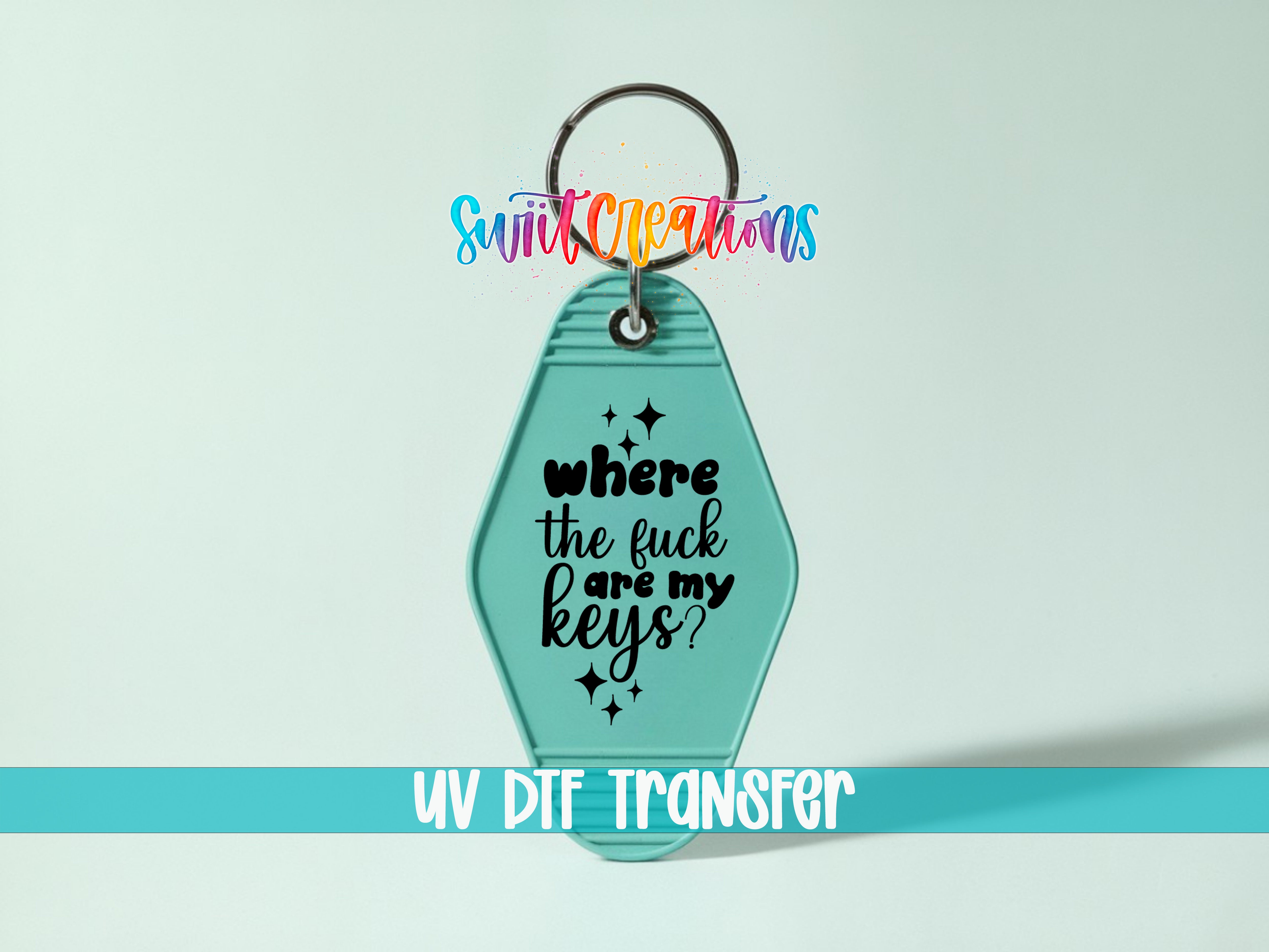 A keychain with a message printed on it, along with a colorful logo above it.