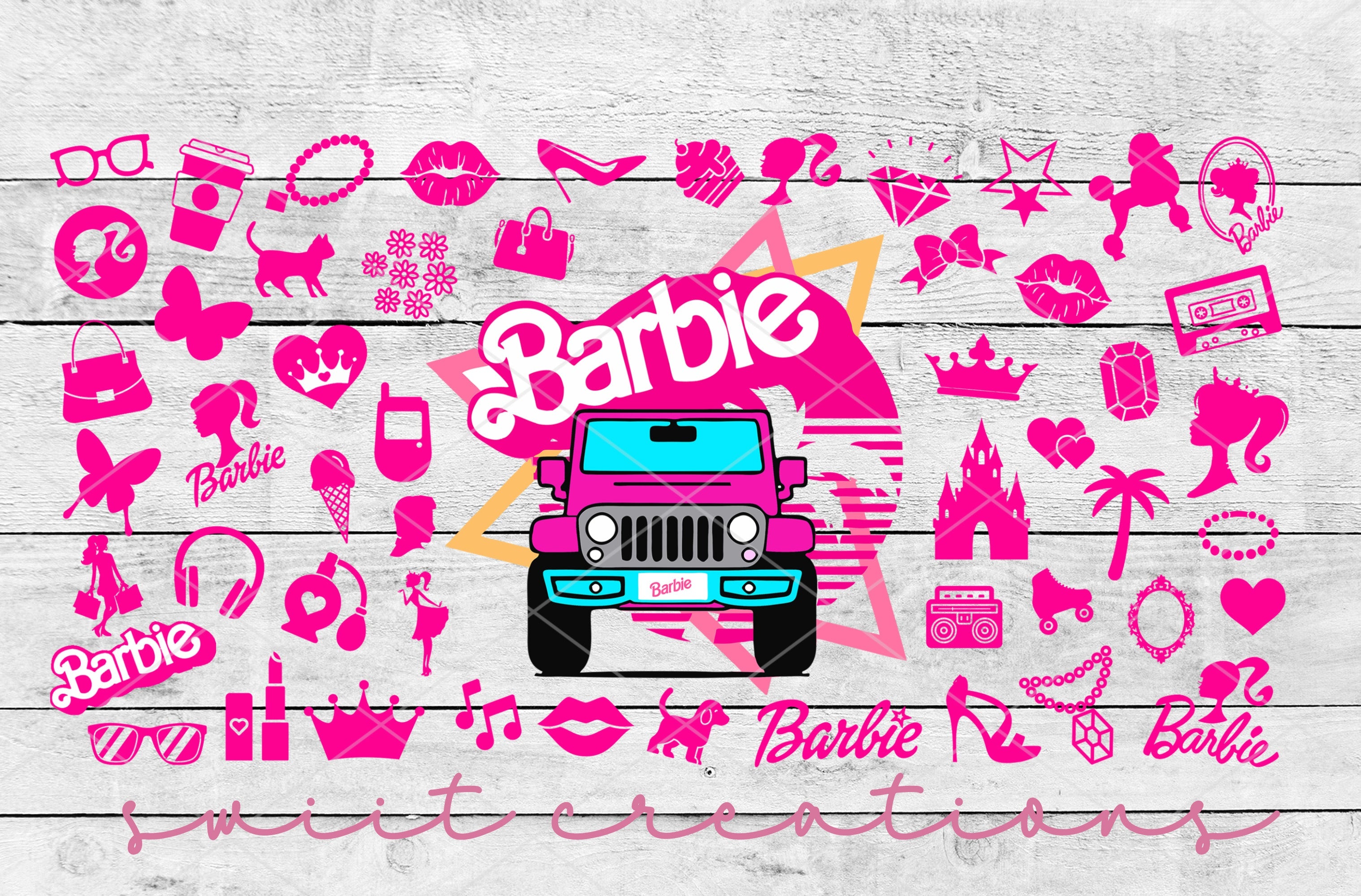 a picture of a pink jeep with the word barbie on it