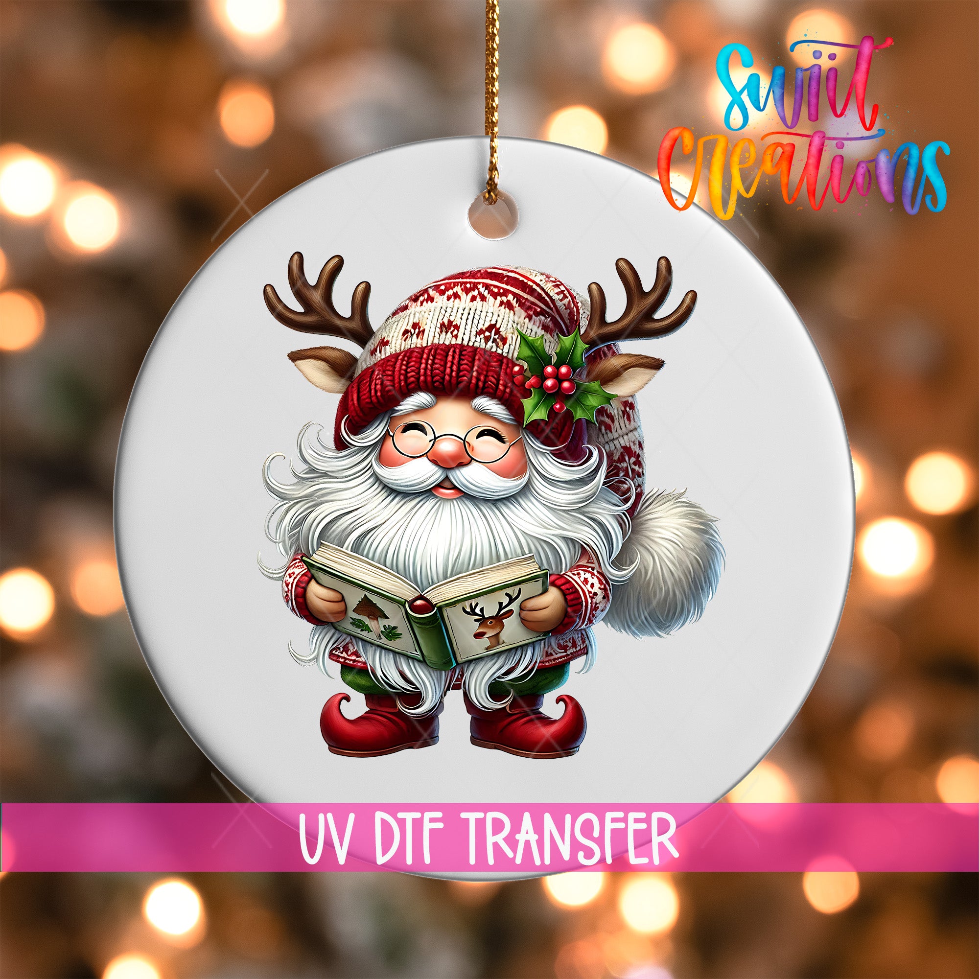 A white ornament featuring a smiling Santa Claus holding a book and wearing a red and white hat with antlers.