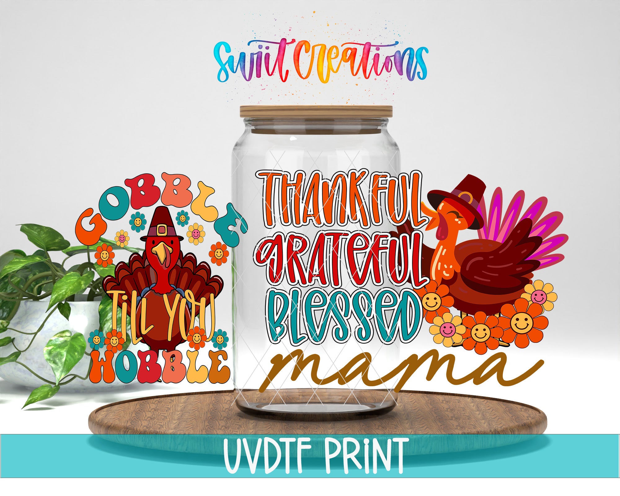 The image is a collage featuring a glass jar with a turkey and flowers, surrounded by colorful text and graphics related to Thanksgiving.