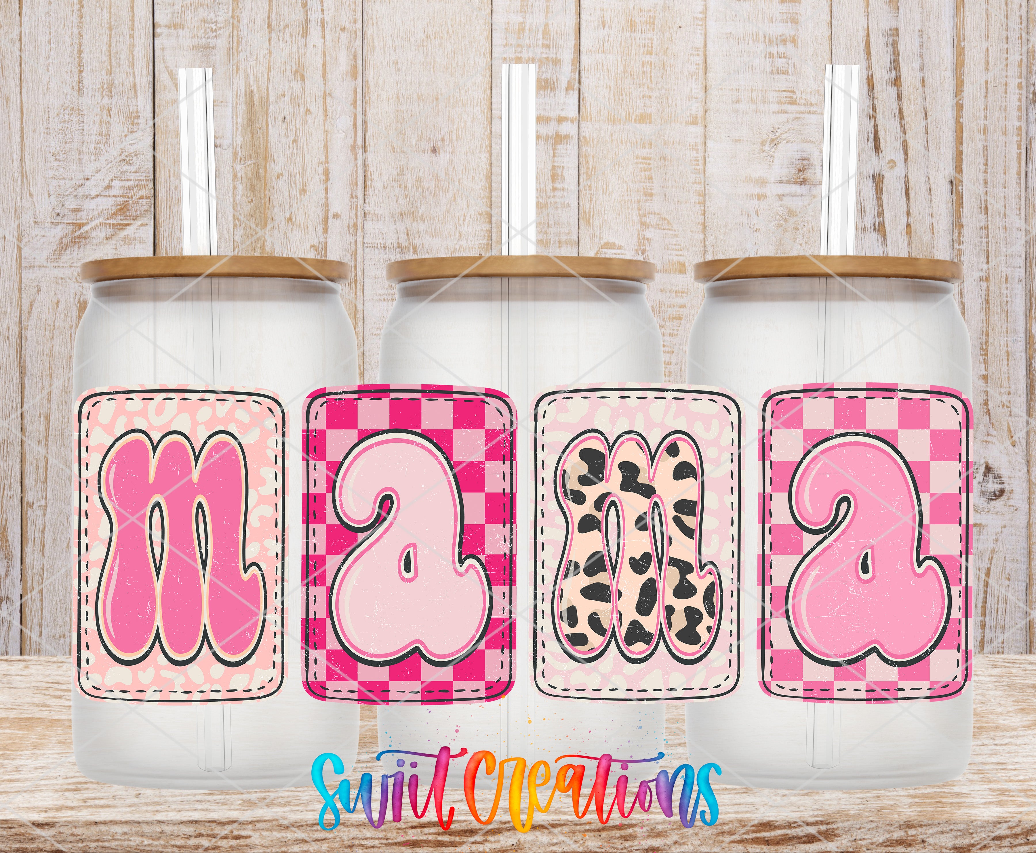 Three glass jars with straws, each with a label that spells out "Mama" in a playful, cartoon-like font.