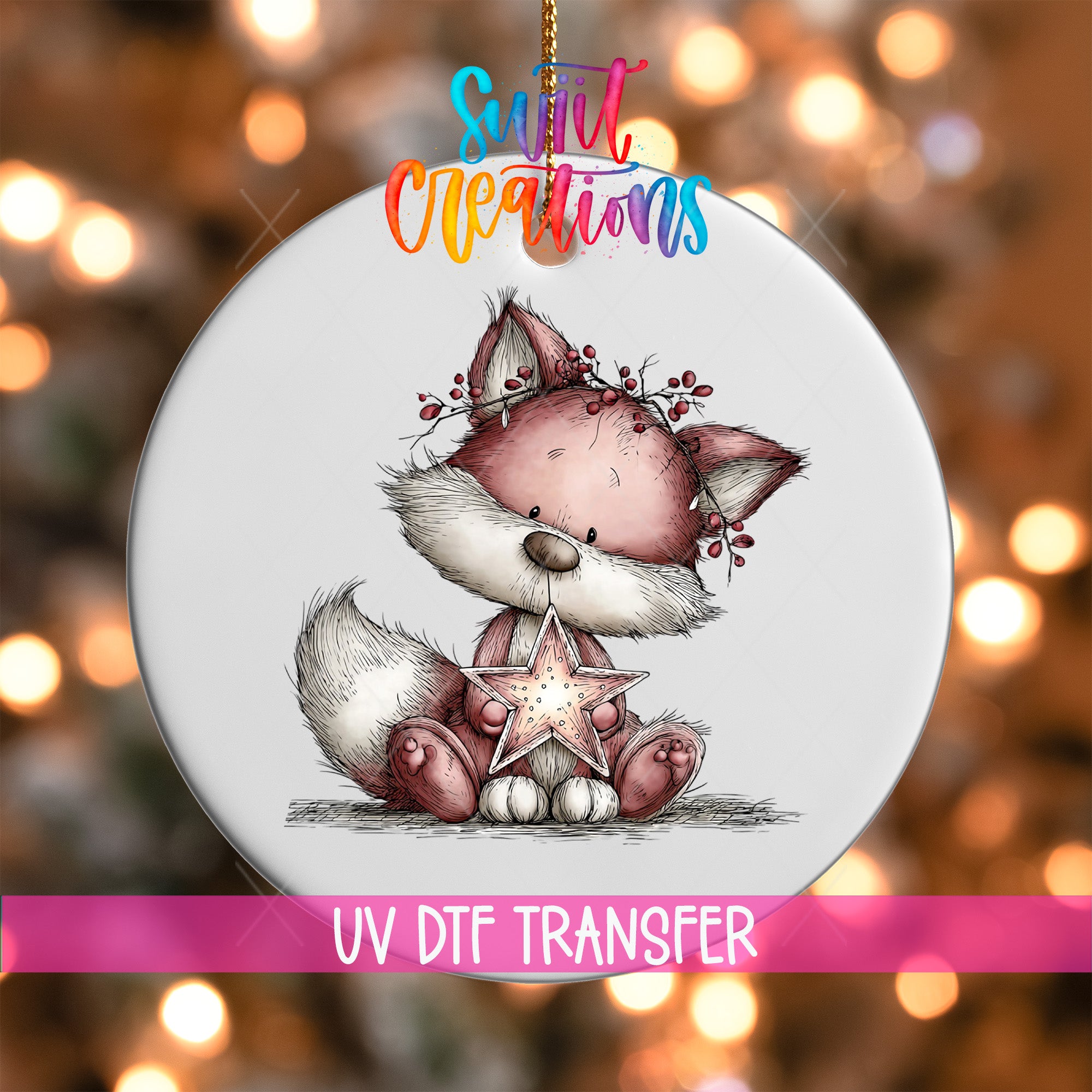 A ceramic ornament featuring a cute cartoon fox holding a star, with the text "Sweet Creations" and "UV Dtf Transfer" printed on it.
