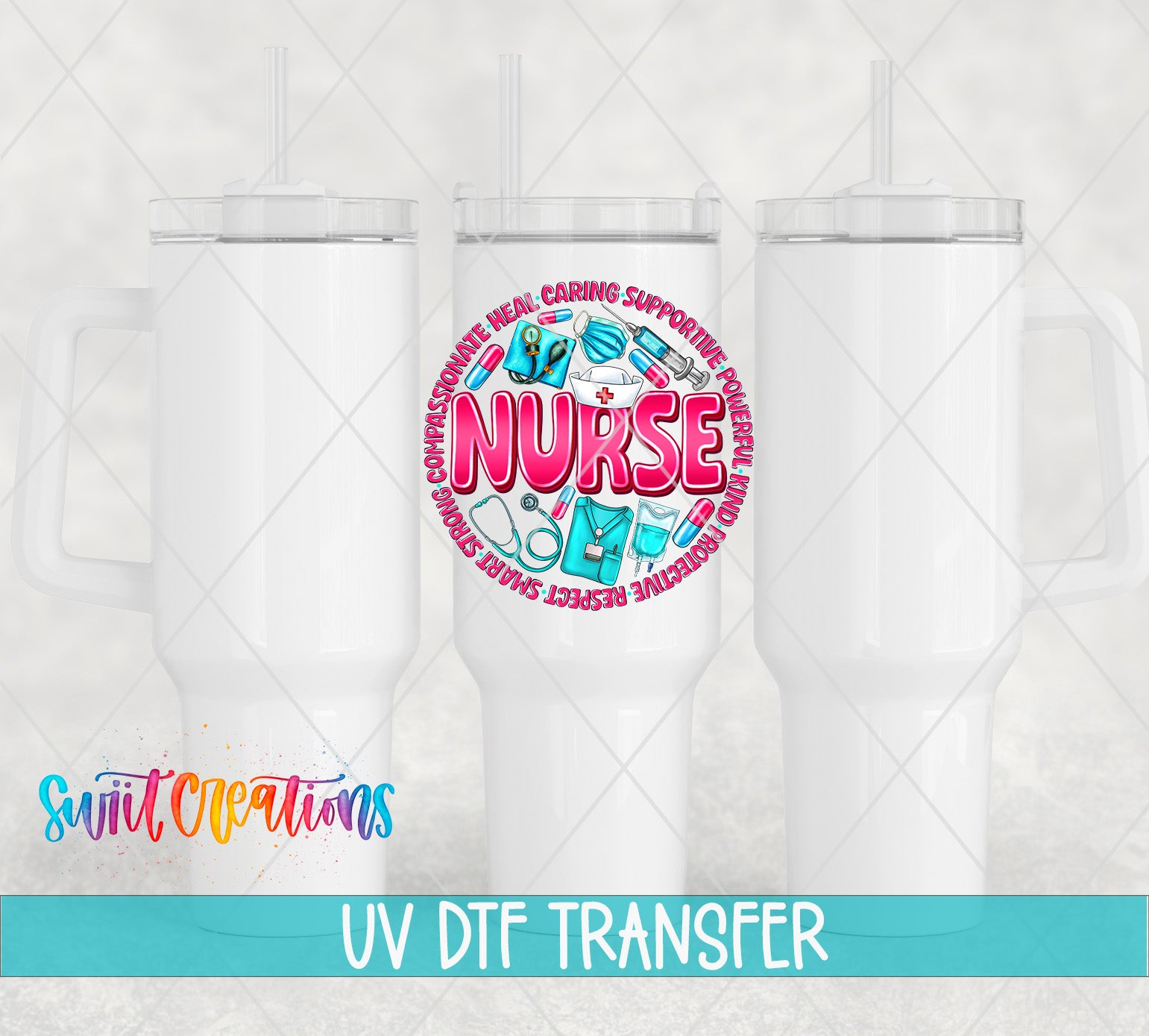 three white tumblers with a colorful design on the front, including the word "NURSE" surrounded by medical and healthcare-related icons.