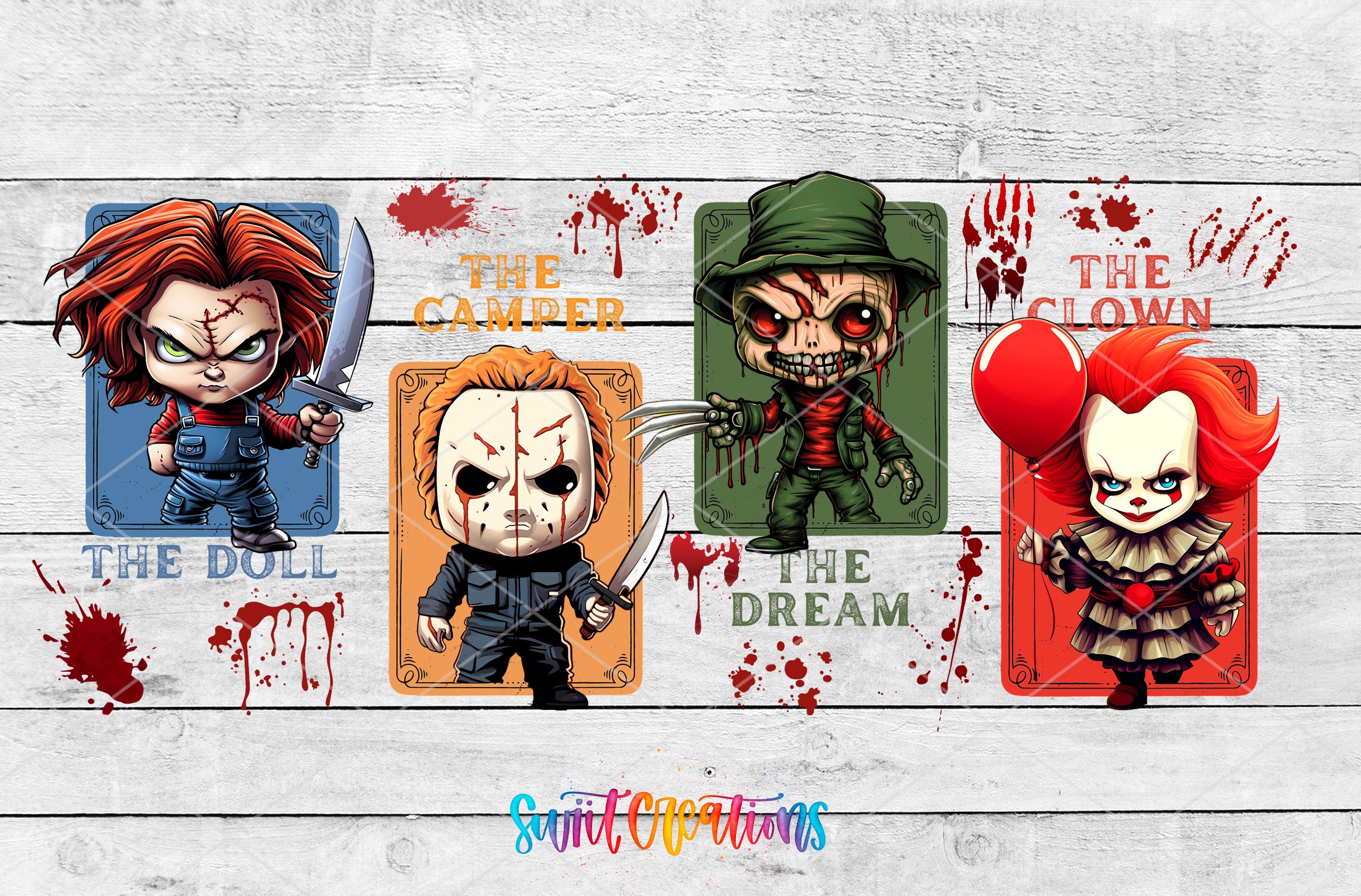 a group of cartoon characters with blood on them