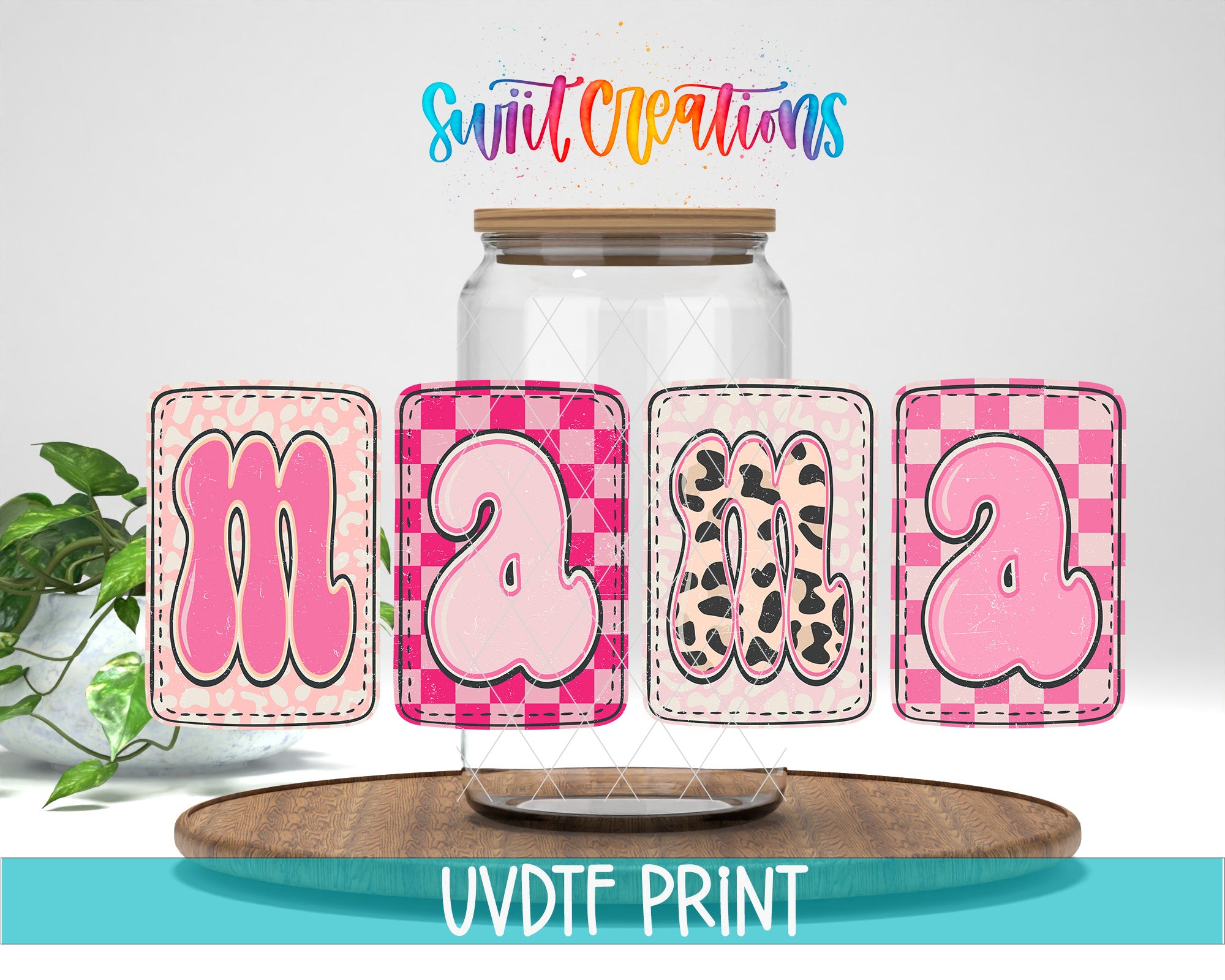 a glass jar with the word "Mama" spelled out in a checkered pattern, surrounded by four colorful, patterned fabric pieces.